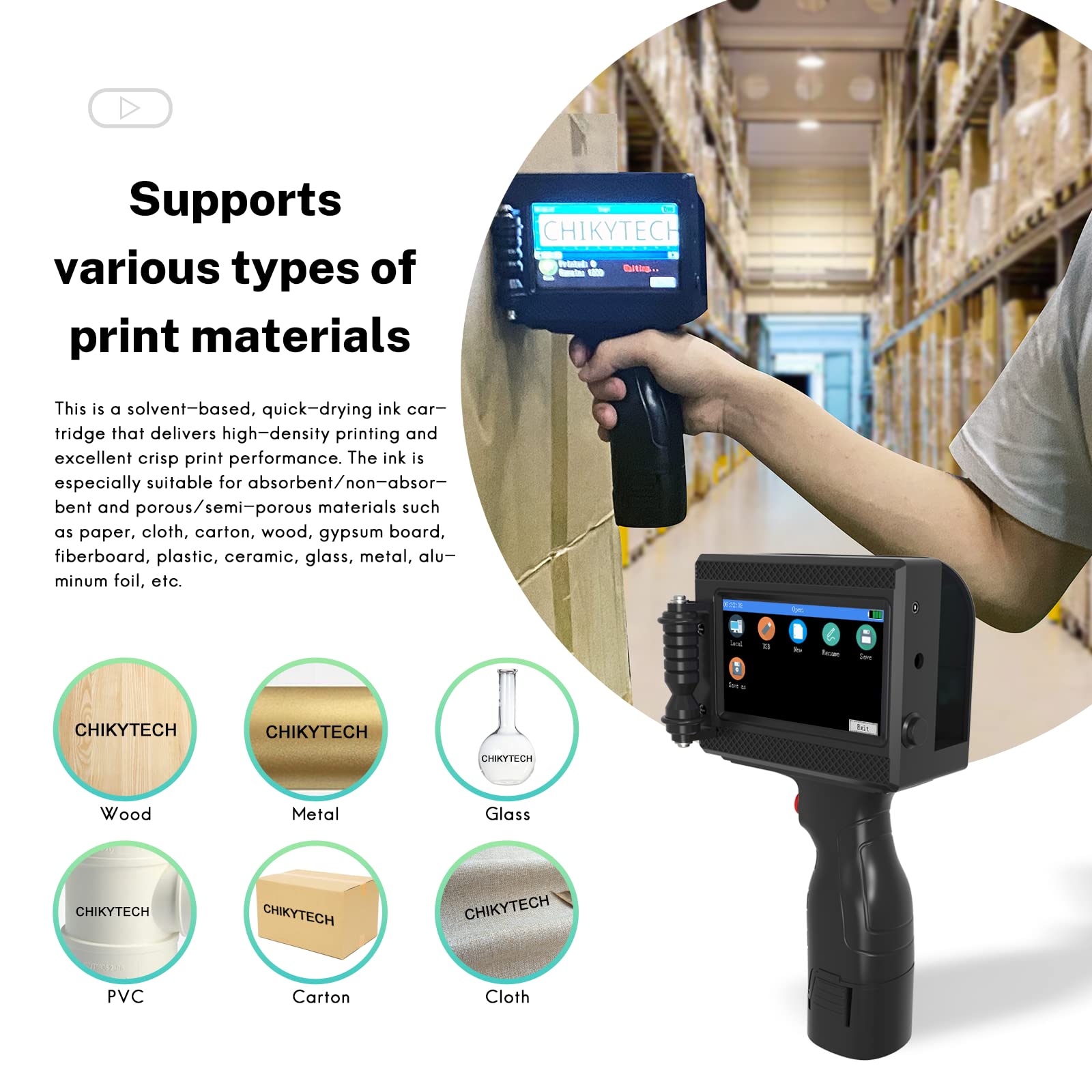 CHIKYTECH ZK-1690 Portable Handheld Inkjet Printer with 4.3