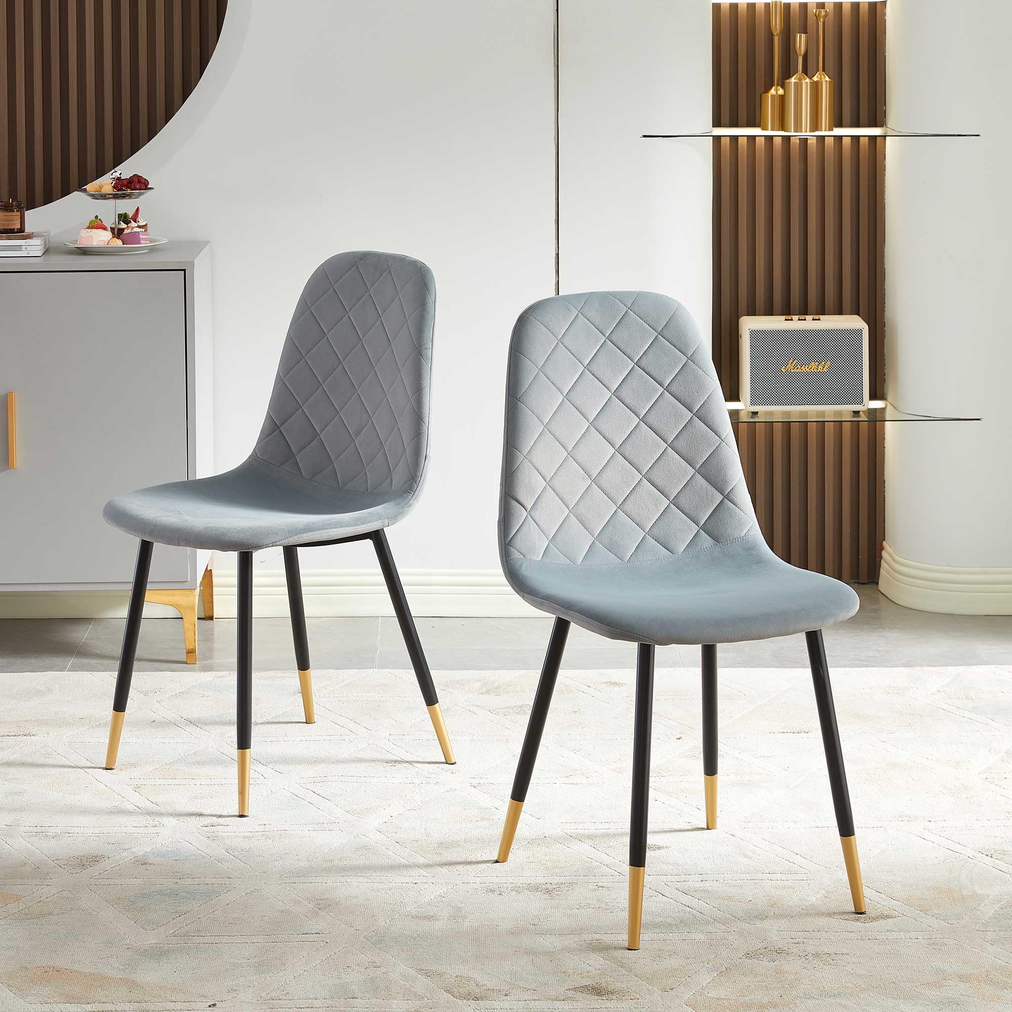 Nordicana Velvet Dining Chairs Set of 2 - Modern Upholstered Kitchen Side Chairs with Sturdy Metal Legs in Soft Grey | Perfect for Dining Room, Breakfast Nook & Small Space Decor