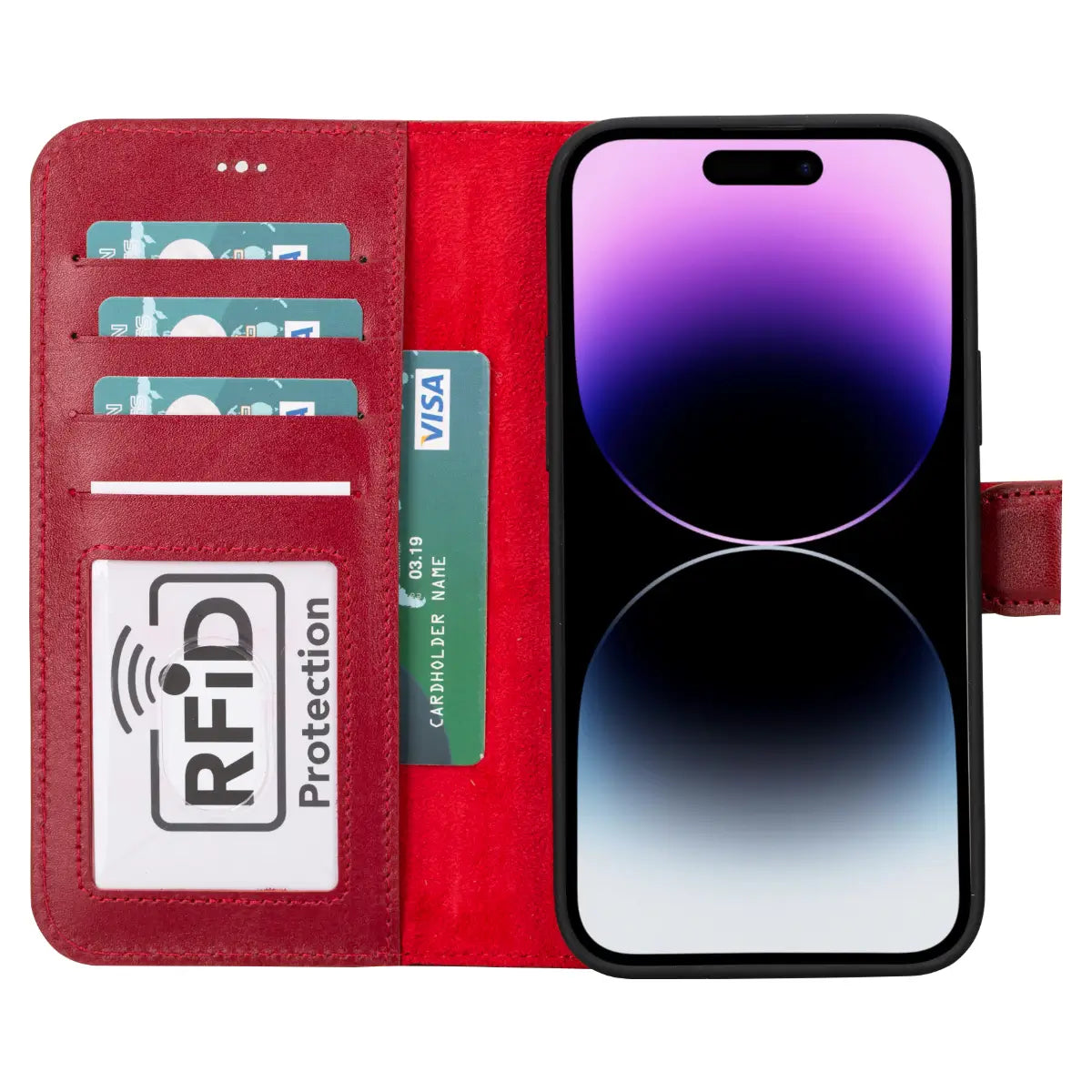 Premium Burnished Red Genuine Leather Wallet Case for iPhone 15 Plus - Slim Protective Cover with Card Slots | Perfect for Everyday Use, Travel & Business Meetings
