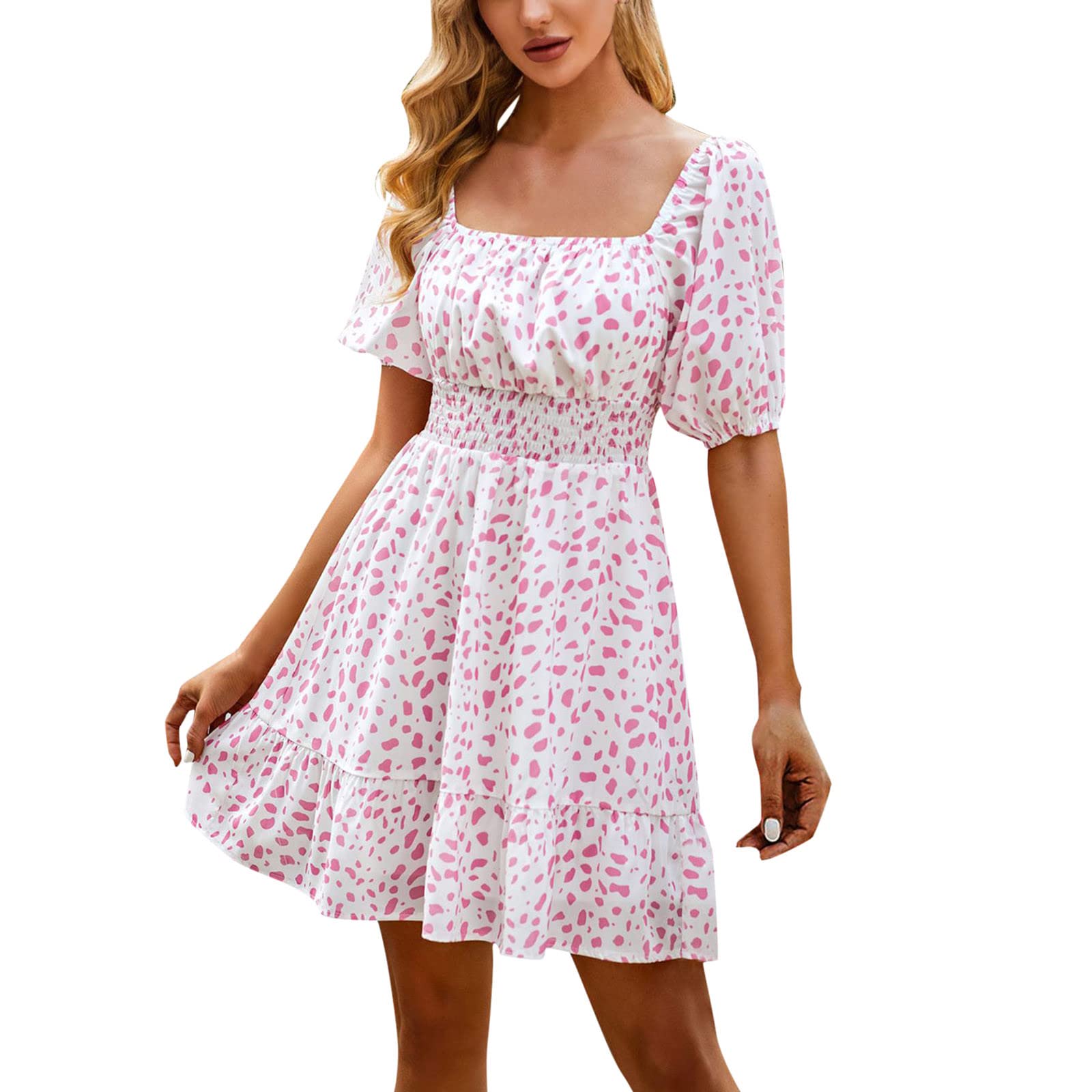 Twoker Women's Summer Boho Floral Print Square Neck A-Line Mini Dress - Casual Beach Sundress for Vacation, Party & Date Night