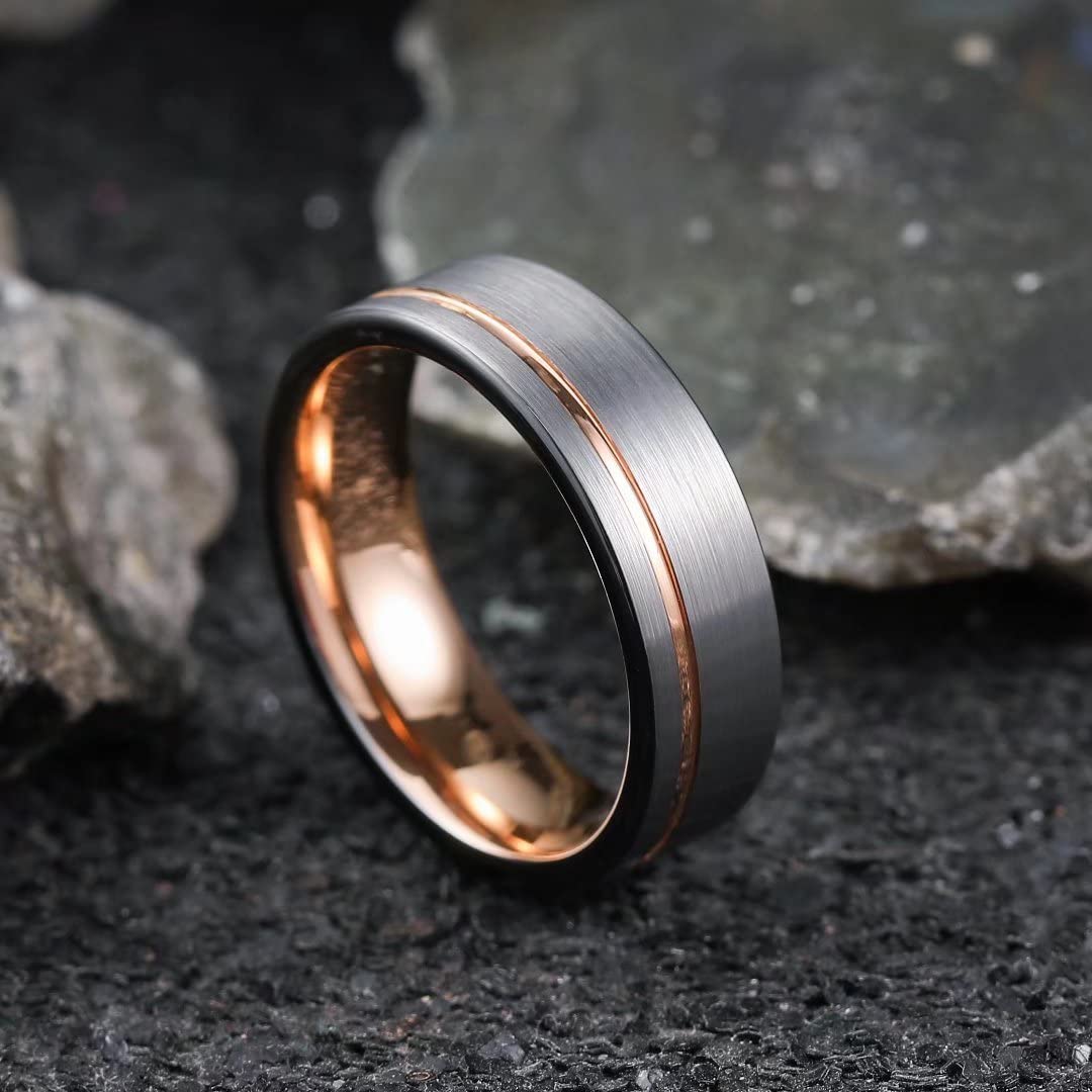 King Will LOOP Men's & Women's Tungsten Carbide Wedding Band - 6mm/8mm Comfort Fit Ring in Black, Silver, Blue & Brushed Gold - Durable & Scratch-Resistant Groove Design for Everyday Wear & Special Occasions