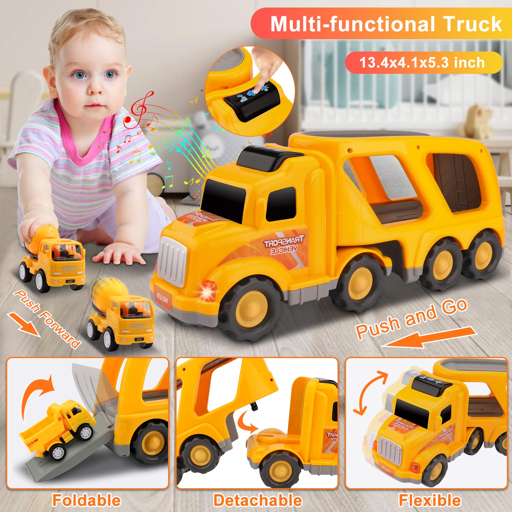 5-in-1 Construction Truck Carrier Toy Set for Toddlers - STEM Learning Vehicles for Boys & Girls Ages 1-4 (18 Months to 4 Years) - Perfect Christmas & Birthday Gift for 1 2 3 Year Old Kids | Great for Pretend Play, Sandbox Fun & Early Childhood Development