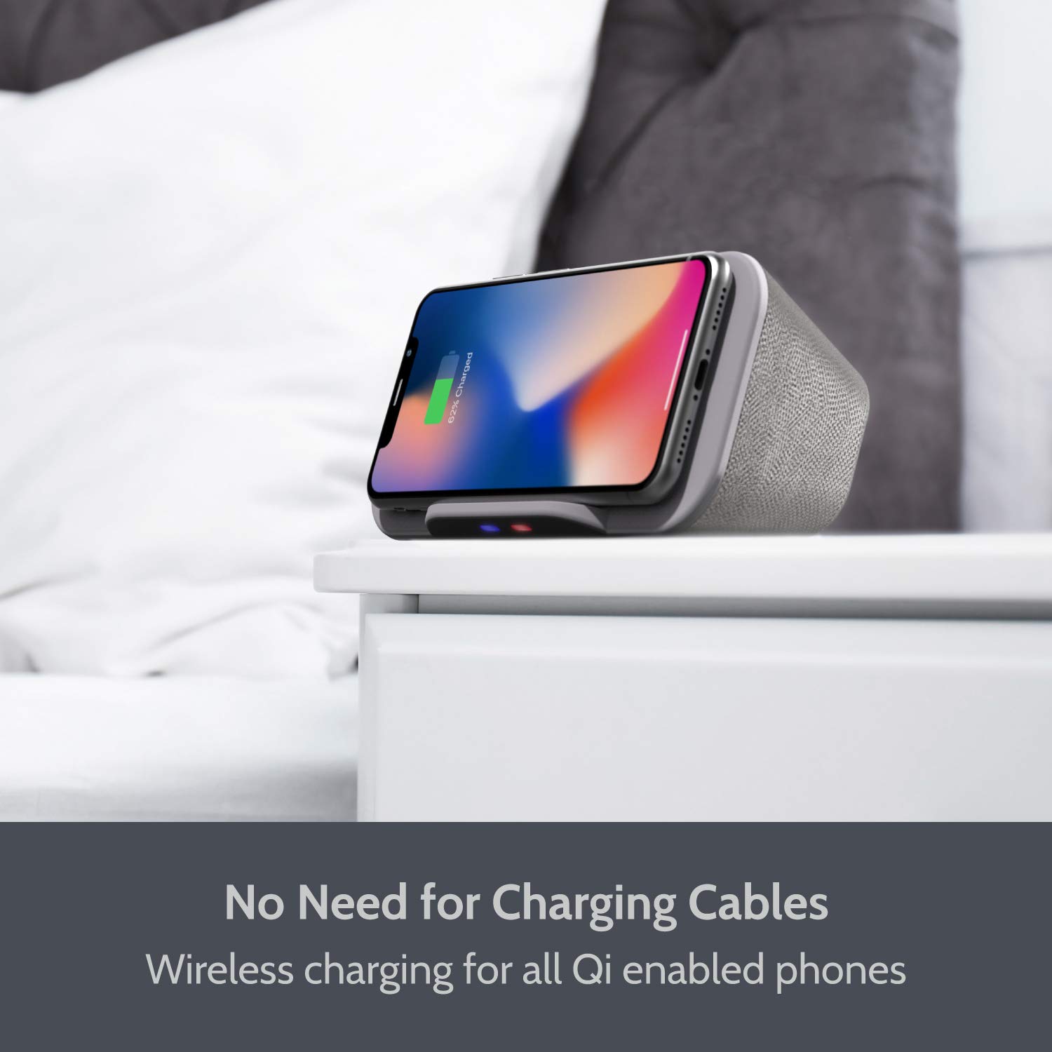 i-Box Wireless Charger & Bluetooth Speaker - 6W Stereo Sound, 4000mAh Portable Charging Station with Qi Wireless Charging for iPhone/Android - Desk Organizer with 3.5mm Audio Jack (Grey) | Perfect for Home Office, Bedside Table & Travel Accessories