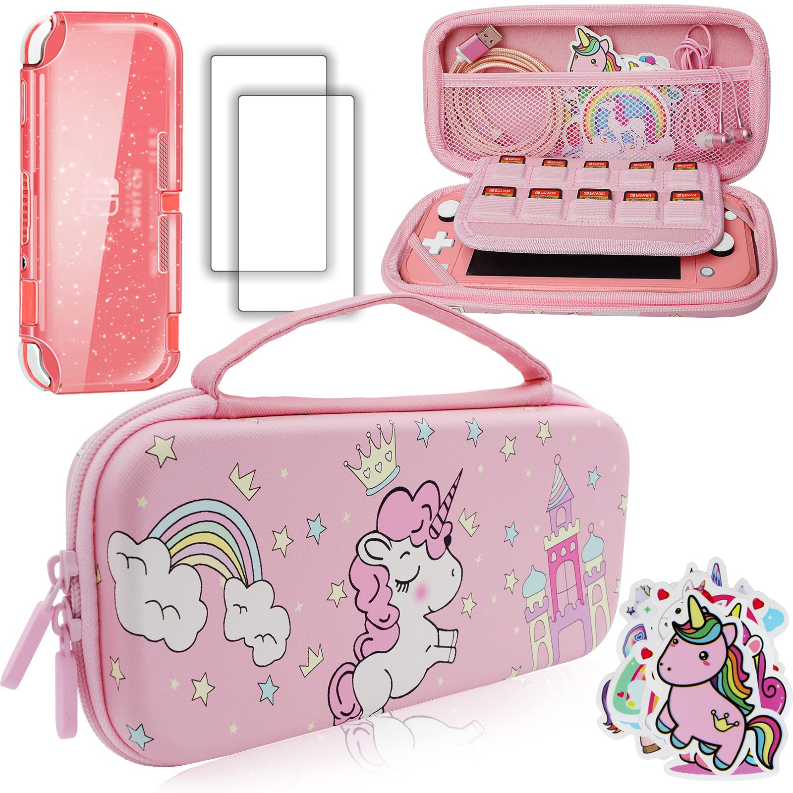 Pink Unicorn Nintendo Switch Lite Carrying Case with Crystal Glitter - Soft Protective Cover, Screen Protector & Stickers - Hard Storage Travel Case Accessories Kit for Girls (Perfect Birthday Gift for Gaming & Travel)