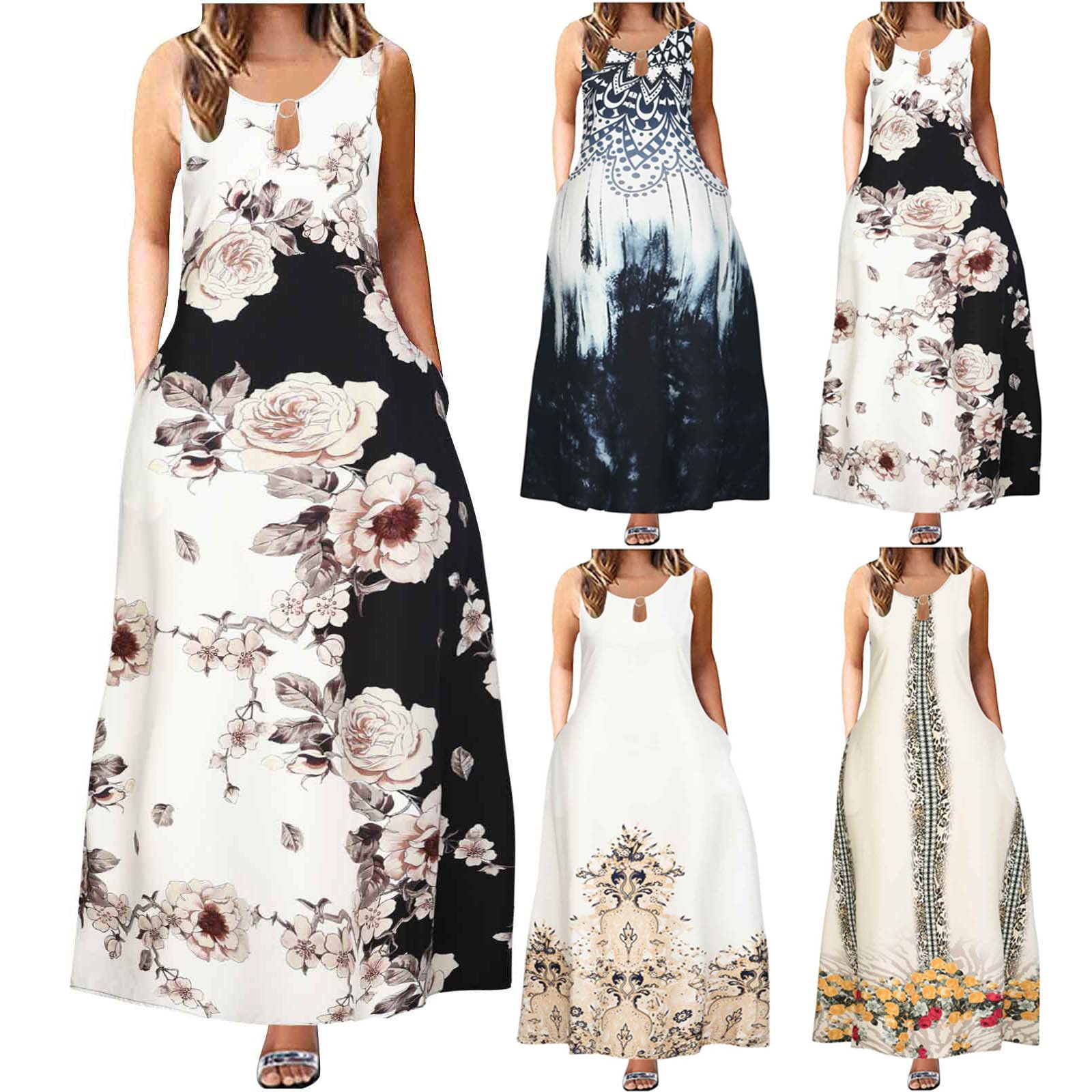Sexy Plus Size Long Summer Dresses for Women - Sleeveless Vintage Print Maxi Tank Dress, Wedding Guest & Club Outfit, Perfect for Beach, Party & Casual Wear