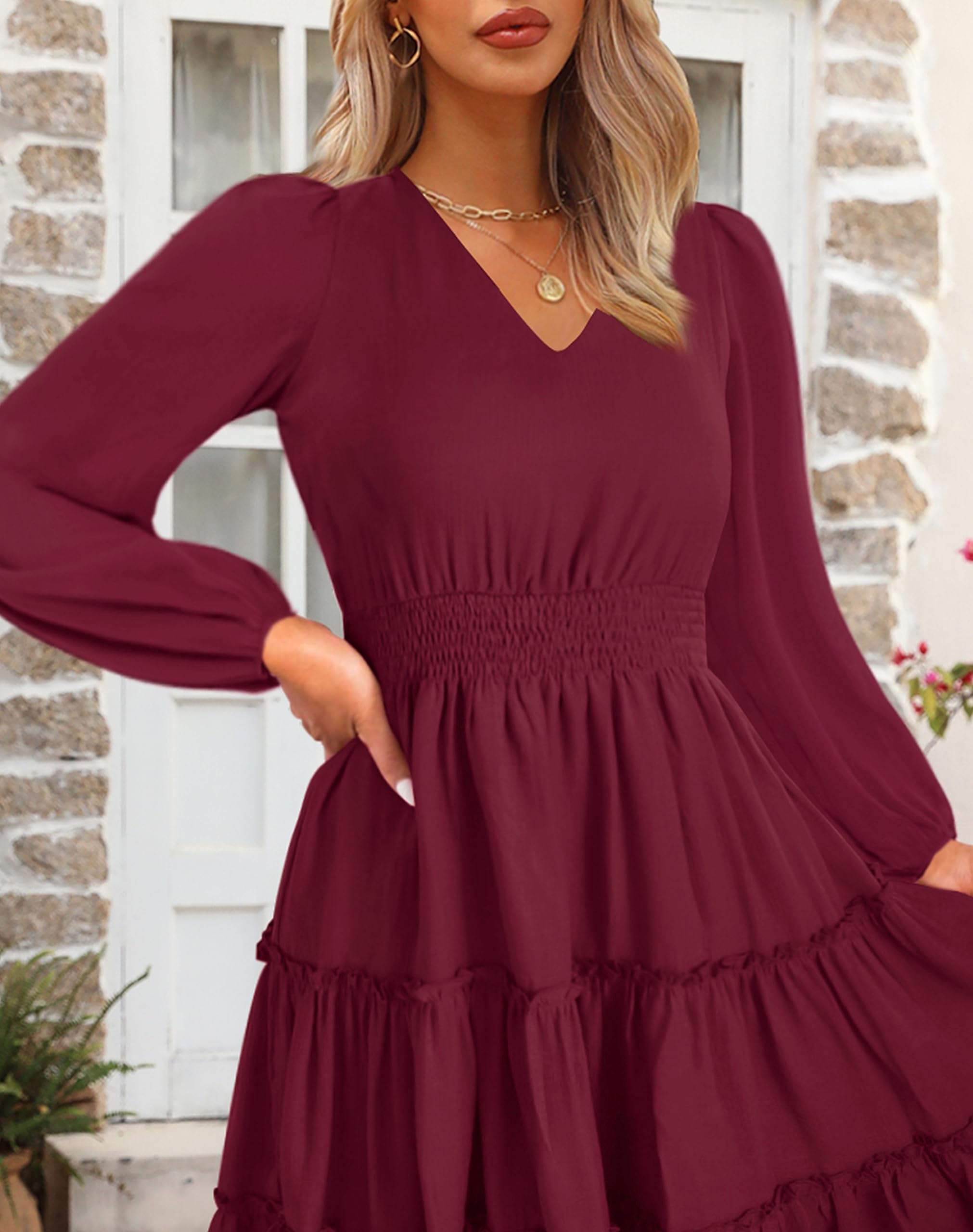 Zattcas Women's 2025 Spring Summer Flowy V-Neck Smocked Waist A-Line Tiered Midi Dress - Casual Work Dress for Office, Wedding Guest & Vacation