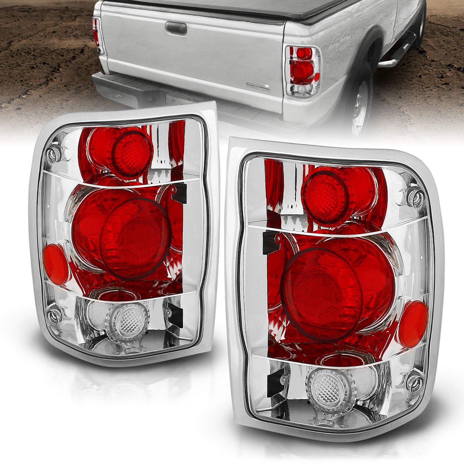 AmeriLite Chrome Replacement Brake Tail Lights Set for 1998-2000 Ford Ranger - Left & Right Side - Enhances Safety & Style for Pickup Trucks