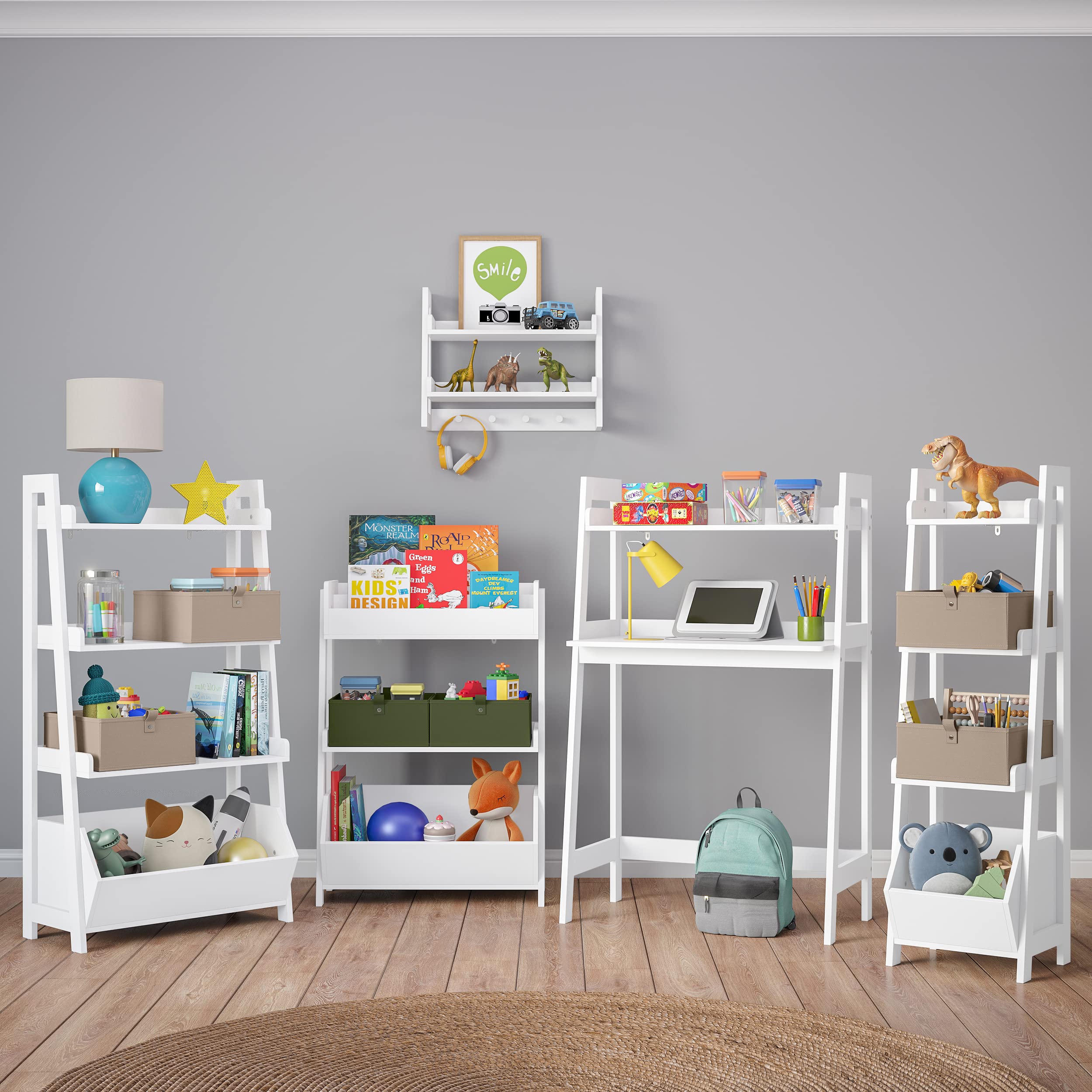 RiverRidge 3-Tier Wooden Ladder Shelf - Toy Organizer, Book Storage with 2 Taupe Fabric Bins & Open Bin - Space Saving Kids Room Decor, Nursery Organization, Living Room Display Shelf