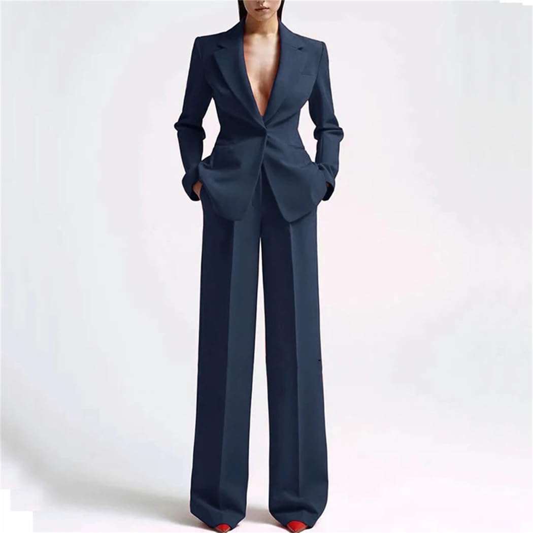 Women's Business Casual Suit Set - Long Sleeve Blazer Jacket & Wide Leg Pants Two Piece Outfit for Office Work, Professional Meetings & Formal Events