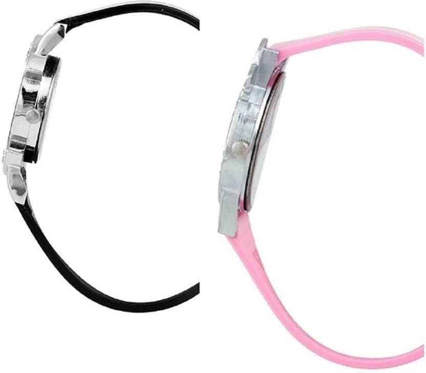 Giffemans Pink & Black Diamond Studded Analog Watch for Women & Girls - 2-Piece Combo Set | Elegant Fashion Accessory for Parties, Work & Everyday Wear