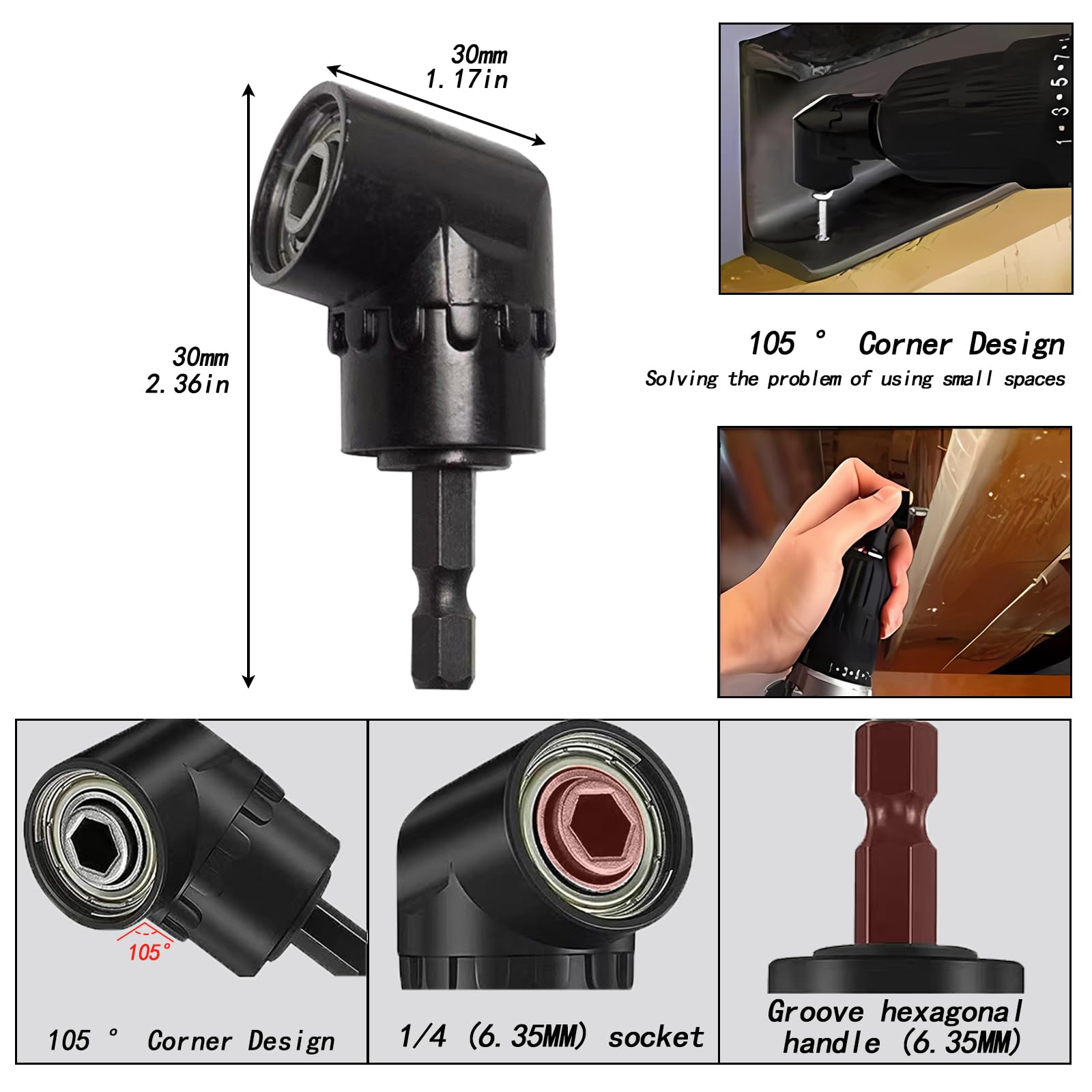 Flexible Drill Bit Extension Set with 105° Right Angle Drill Attachment - 3PCS 1/4