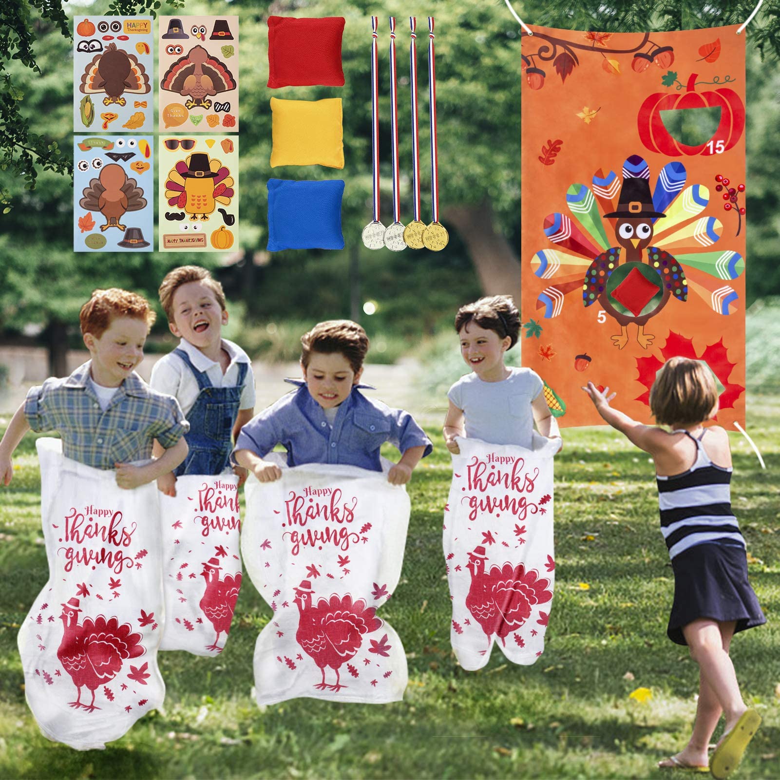 Thanksgiving Party Games Set - Potato Sack Race Bags, Bean Bag Toss & Make-A-Turkey Stickers (17-Pack) for Kids & Adults - Perfect for Family Gatherings, School Events & Holiday Celebrations
