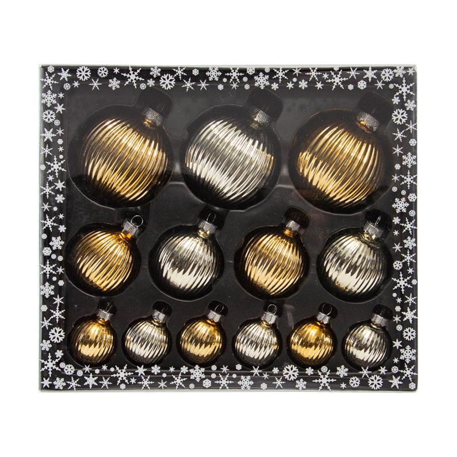 INGE Glass Structured Ornament Ball Set - Inkagold (4cm/6cm/8cm, 13 Pieces) - Elegant Home Decor for Christmas Tree, Table Centerpiece, Wedding & Party Decoration