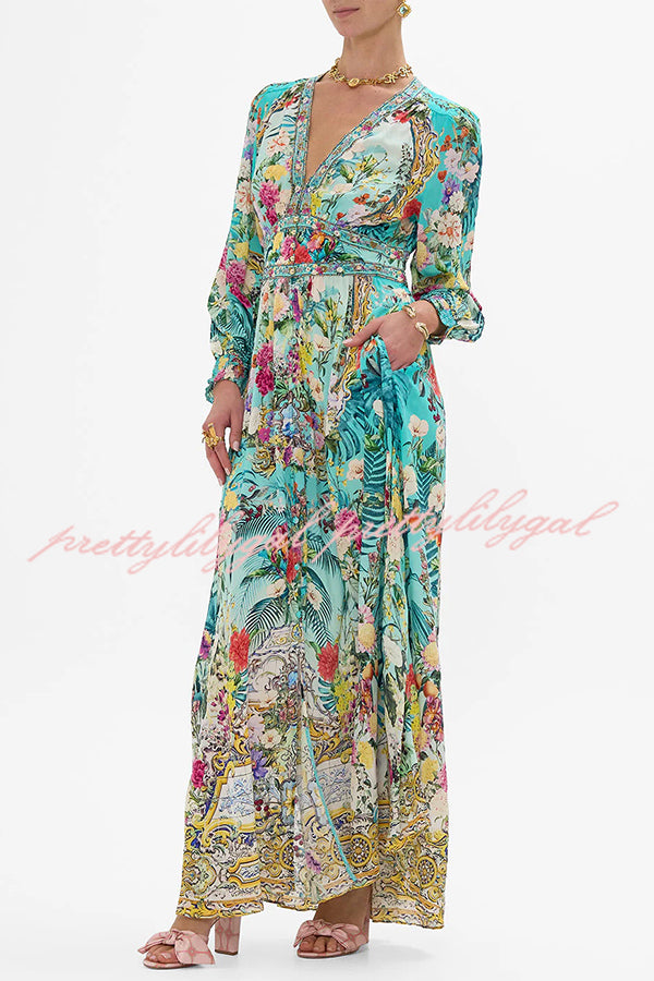 Fairy Tale Print V-Neck Lantern Sleeve Waist Maxi Dress for Women | Floral Bohemian Summer Beach Dress | Perfect for Vacations, Weddings & Date Nights