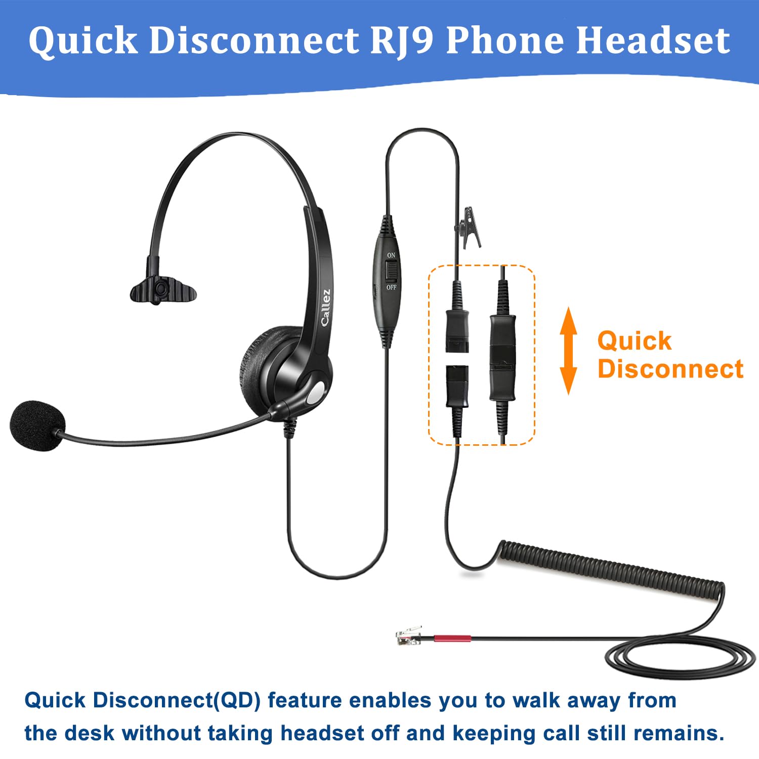 Noise Cancelling Landline Phone Headset with Mic & Quick Disconnect - RJ9 Mono Telephone Headset Compatible with Yealink T55A/T48S/T27G, Grandstream GXP1620/1630, Avaya 1608/9608 - Perfect for Call Centers & Office Communication