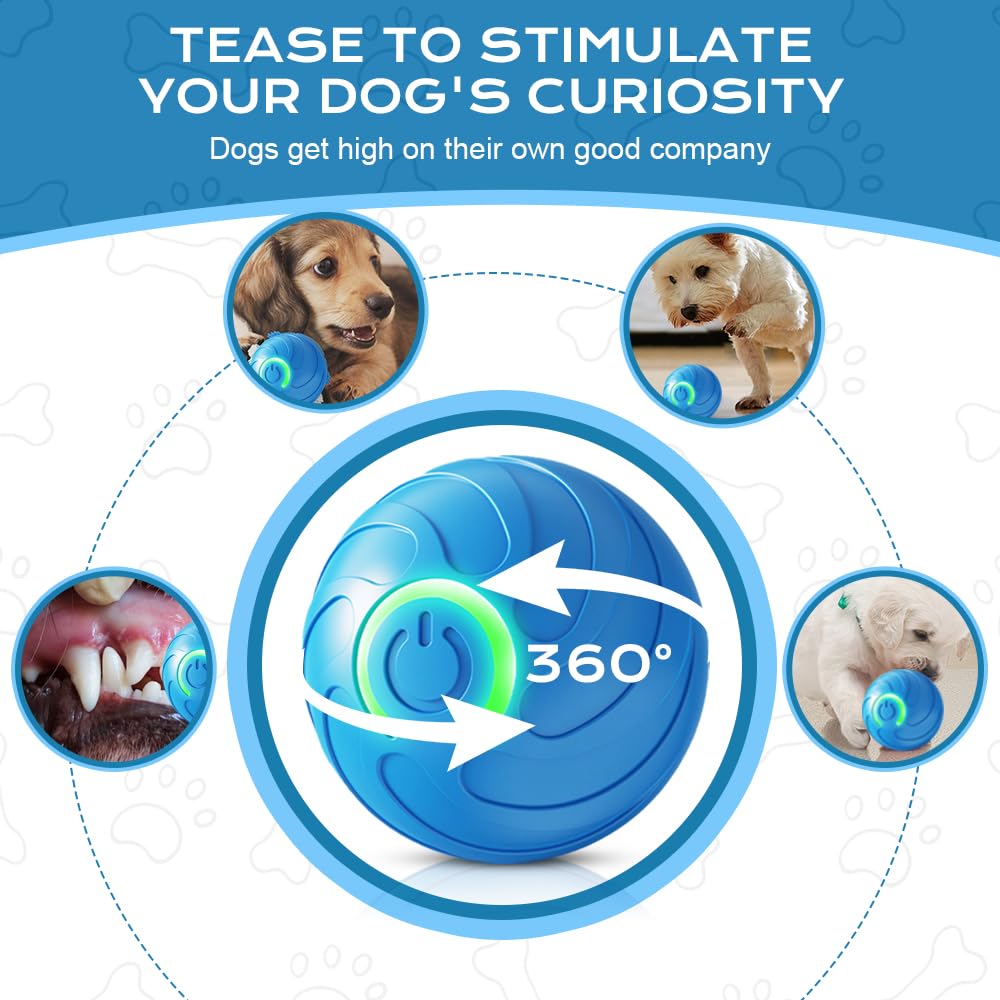 USB Rechargeable Vibrating Dog Ball - Interactive Moving & Bouncing Ball Toy for Small Medium Large Dogs - Automatic Shaky Pet Toy for Indoor/Outdoor Play & Training (Blue)