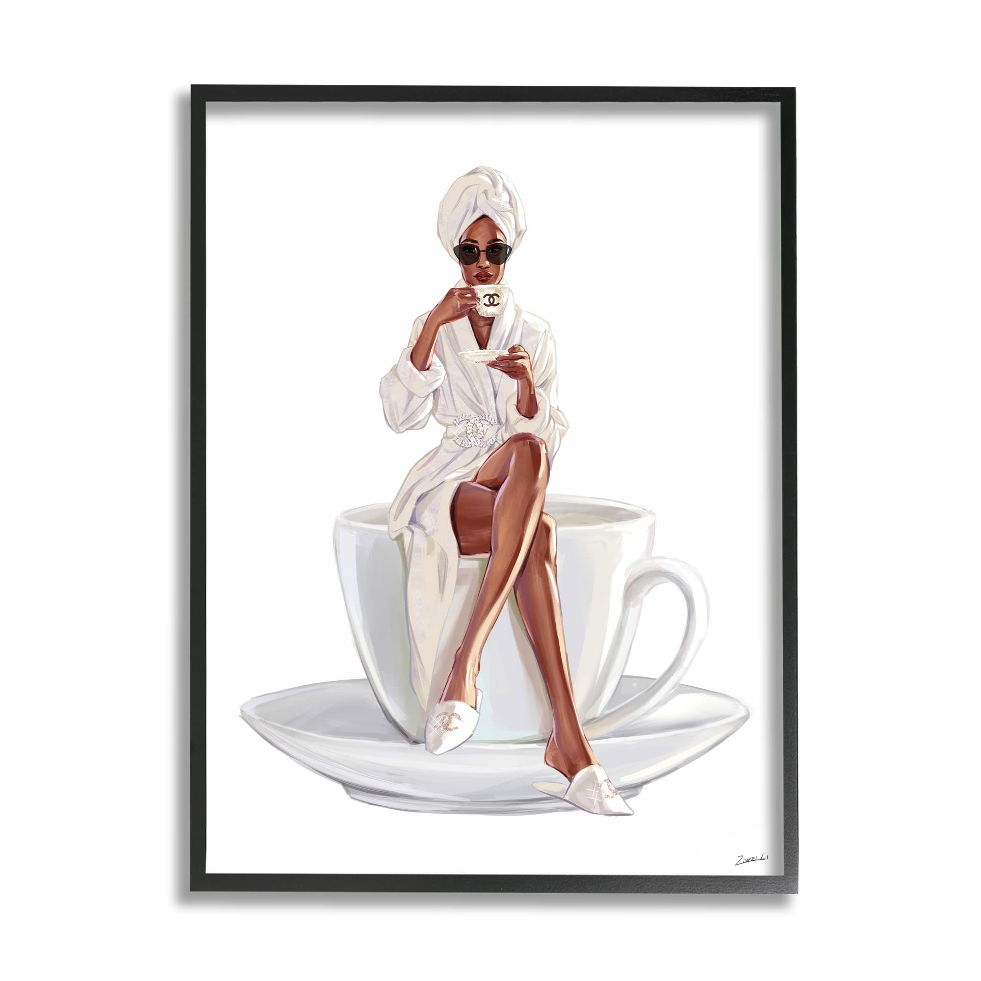 Stylish Coffee Teacup Woman Sipping Robe & Sunglasses Art Print by Ziwei Li - Perfect for Kitchen Decor, Coffee Shop Wall Art & Gift for Tea Lovers