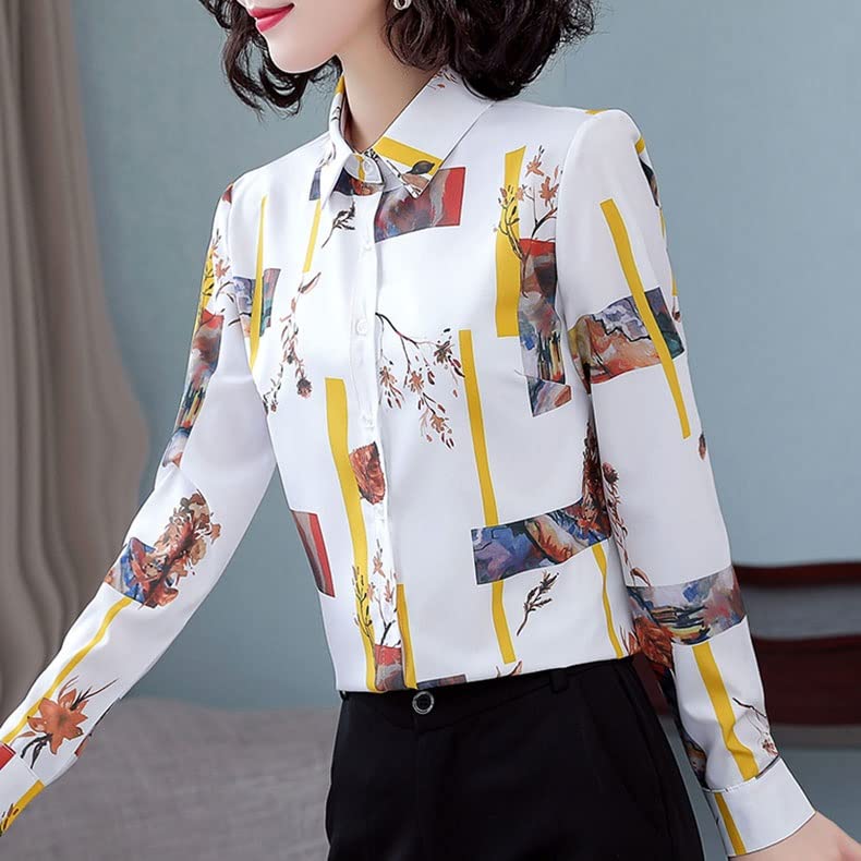 Elegant Women's Long Sleeve Chiffon Blouse with Turn Down Collar & Floral Print - Plus Size 2XL (Color A) - Perfect for Office Wear, Date Nights & Special Occasions
