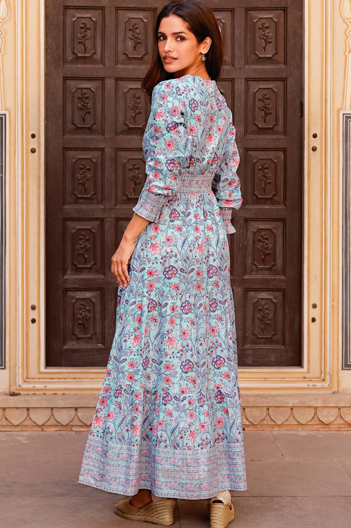 Billie Organic Cotton Block Print Dress - Floral Gardenia Blue/Red | Boho Summer Dress for Women | Perfect for Beach, Vacation & Casual Outings