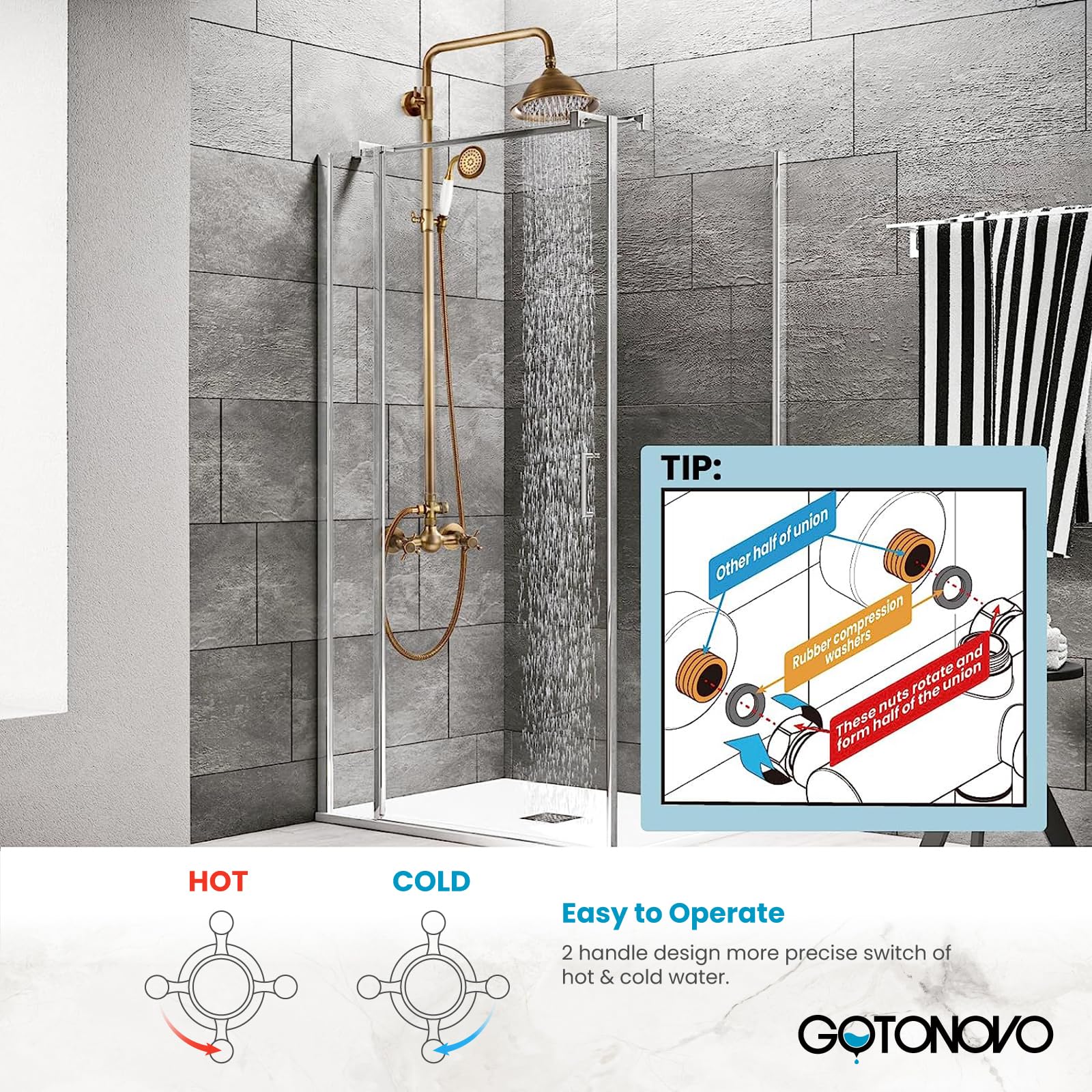 Gotonovo 8 Inch Antique Brass Shower System - Rainfall Shower Head & Handheld Spray Combo with Double Cross Handle - Wall Mount Bathroom Faucet for Luxurious Spa Experience