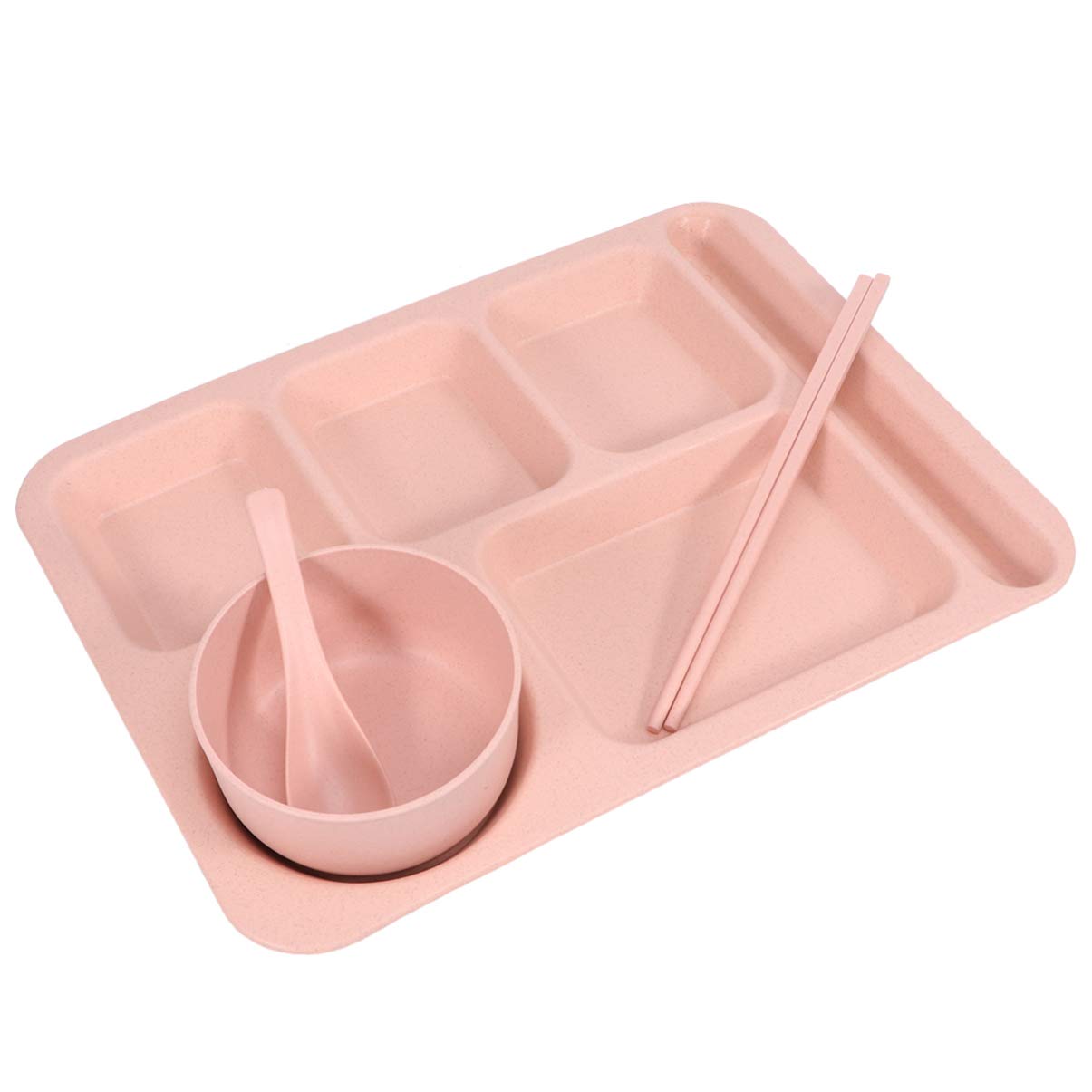 Eco-Friendly Wheat Straw Divided Plates - 5-Section Pink Dinner Tray with Bowl, Spoon & Chopsticks | BPA-Free Portion Control Tableware for Kids & Adults | Perfect for School Lunches, Picnics & Family Dinners