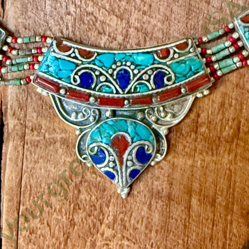 Handmade Tibetan Alpaca Silver Necklace with Turquoise & Coral Beads - Elegant Boho Jewelry for Women, Perfect for Festivals, Weddings & Special Occasions