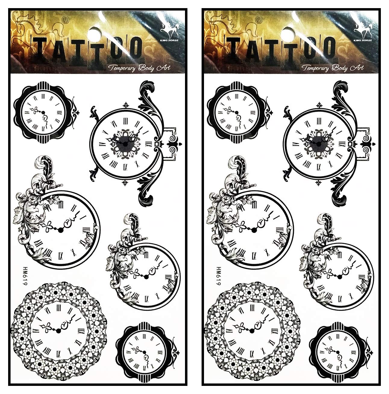 Classic Clock Temporary Tattoos - 2 Sheets Waterproof Fake Body Art Stickers for Men & Women - Perfect for Parties, Halloween Costumes & Festival Body Decorations