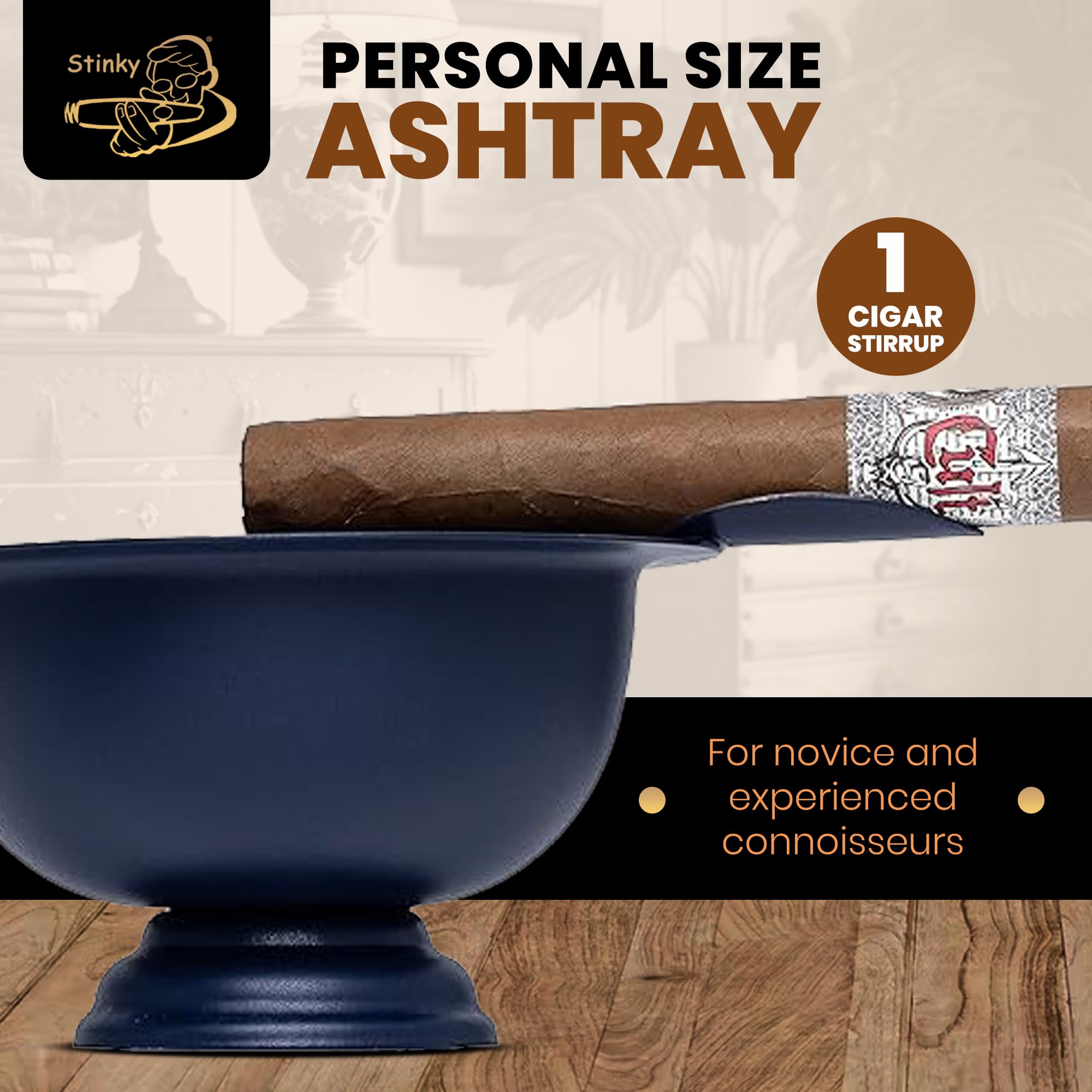 Stinky Cigar Personal Size Ashtray - Matte Blue Compact Windproof Stainless Steel with Stirrup, Deep Heat-Resistant Bowl - Easy Clean Solo Smoker Accessory for Home, Office & Outdoor Use