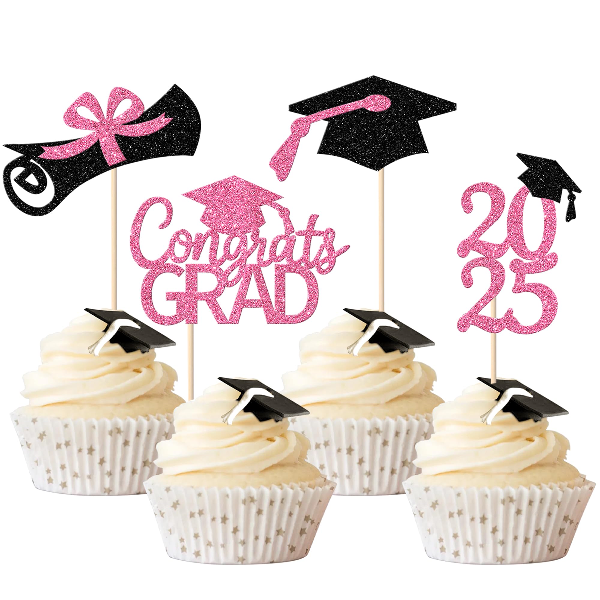 Rsstarxi 36 Pack 2025 Graduation Cupcake Toppers - Glitter Class of 2025 Congrats Grad Decorations with Diploma Cap Picks - Perfect for Graduation Party, Cake Decor, School Celebrations & Dessert Table Displays (Pink)