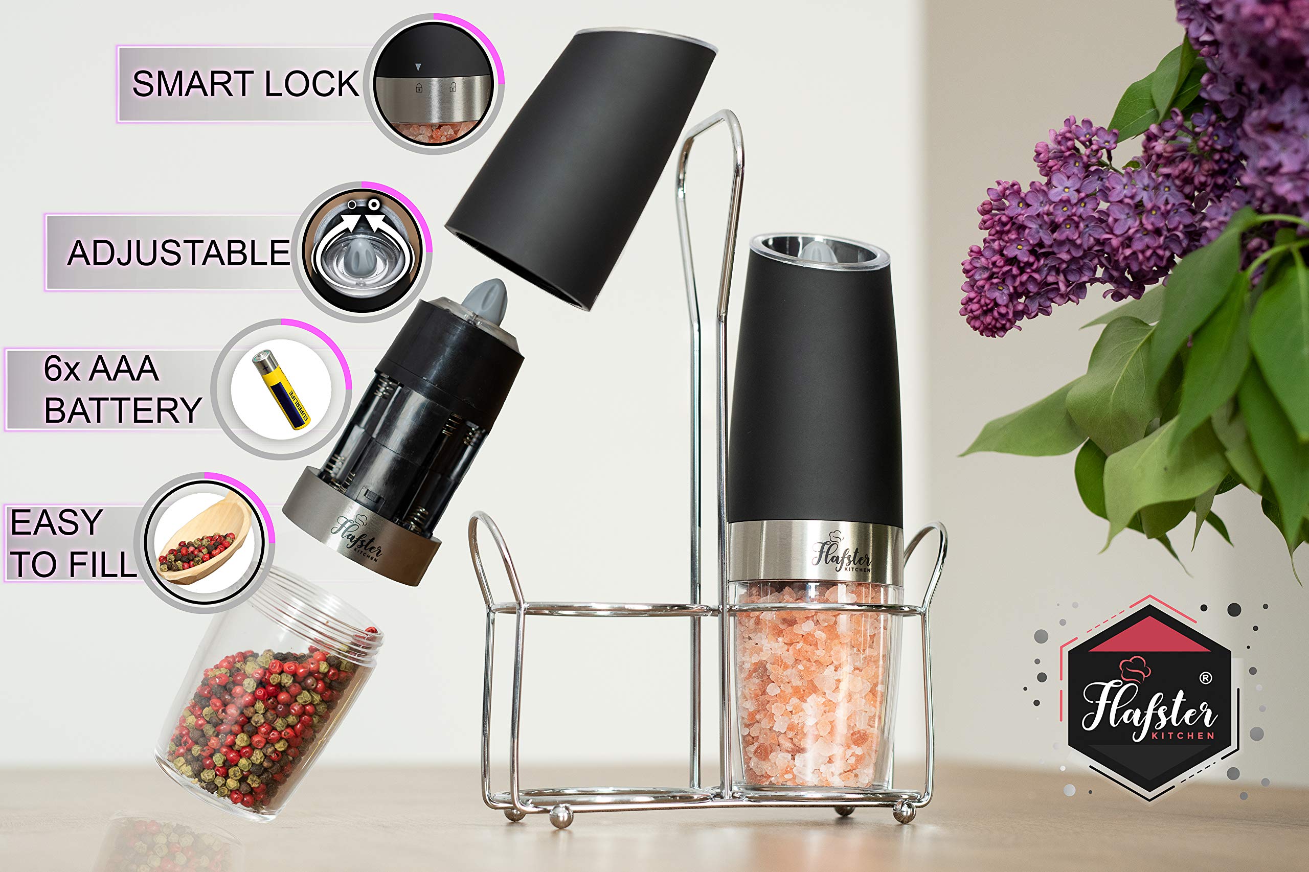 Premium Electric Salt and Pepper Grinder Set - Adjustable Coarseness, White LED Light, Battery Powered - Perfect for Kitchen, Dining Table, Camping & Travel - Automatic Spice Mill for Home, Restaurants and Gifts