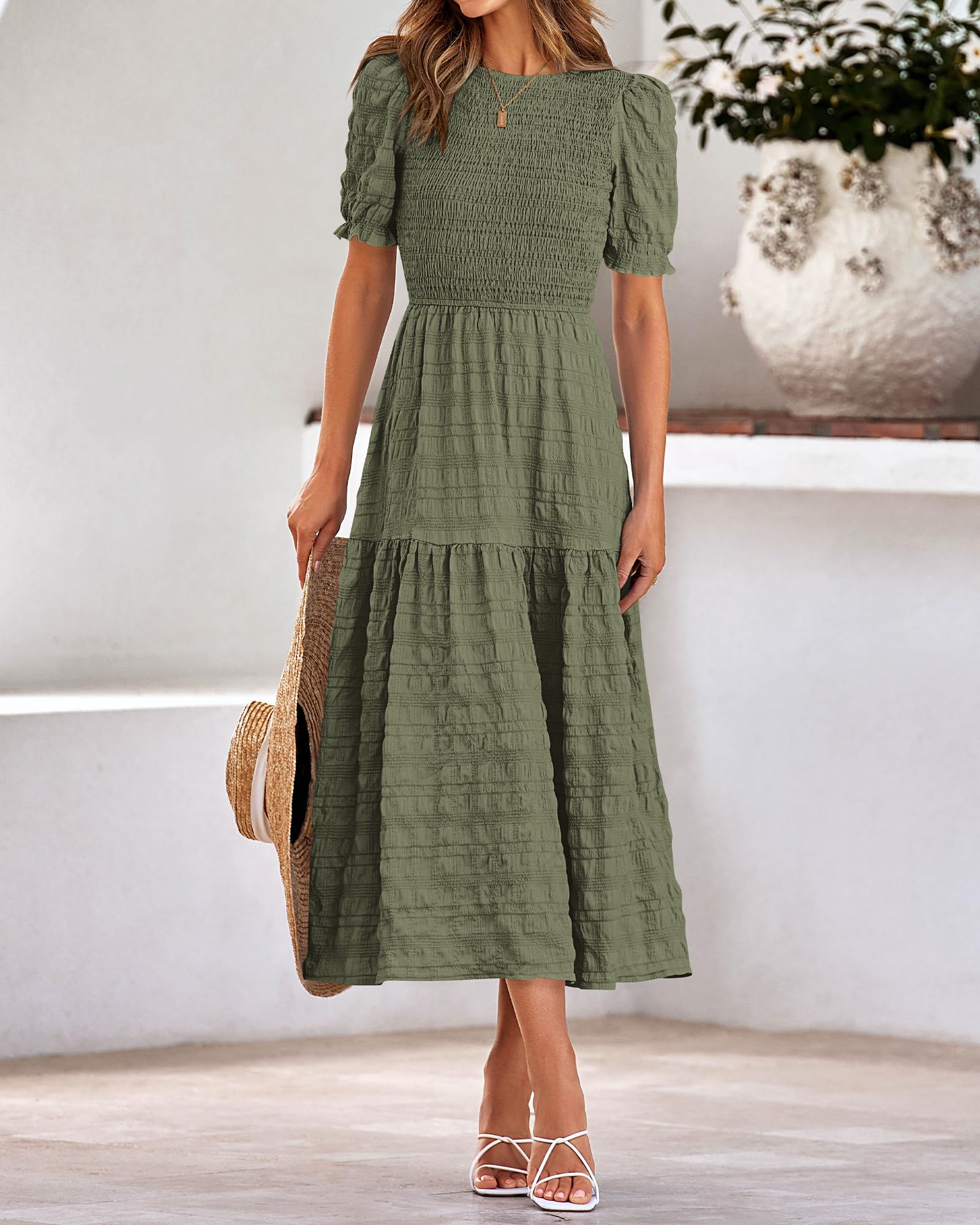 Dowerme Women's Summer Dresses 2025 - Casual Puff Short Sleeve Crewneck Smocked Flowy Ruffle Boho Maxi Sundress for Beach, Party & Vacation Wear