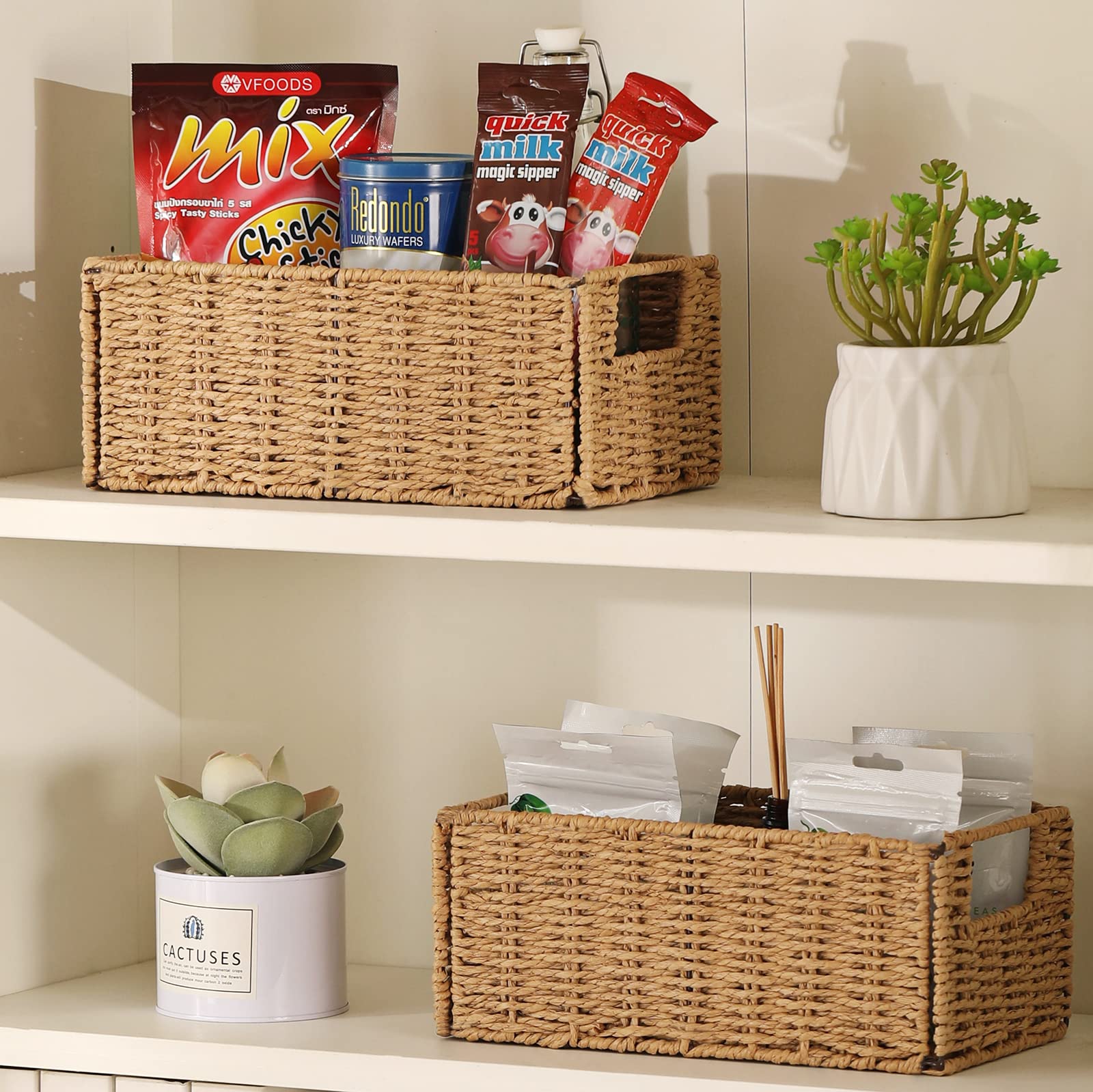 Vagusicc Set of 2 Hand-Woven Wicker Storage Baskets - Natural Foldable Paper Rope Organizer Bins for Shelves, Bathroom, Living Room & Bedroom | Perfect for Toilet Paper Storage, Home Organization & Decorative Storage Solutions