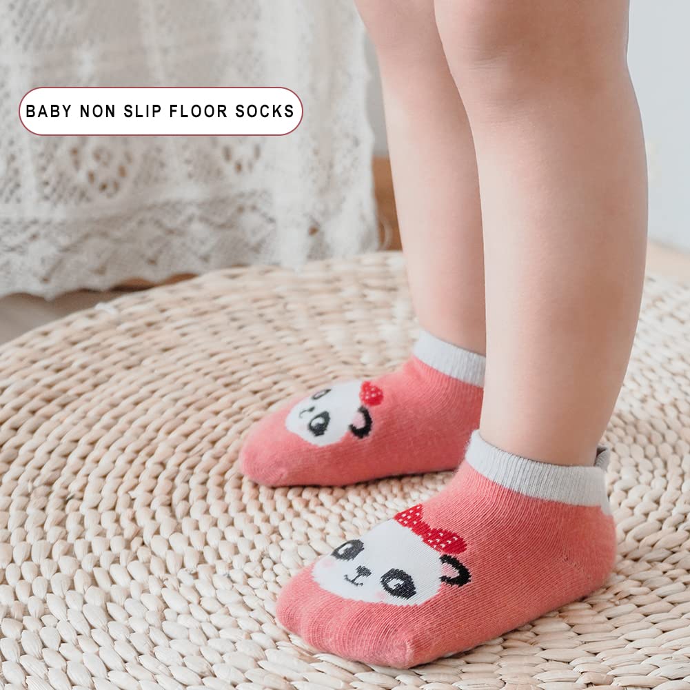Exemaba Baby Non-Slip Grips Ankle Socks - 5 Pairs Toddler Cartoon Anti-Skid Socks for Boys & Girls - Soft Cotton Socks for Crawling, Walking & Playtime