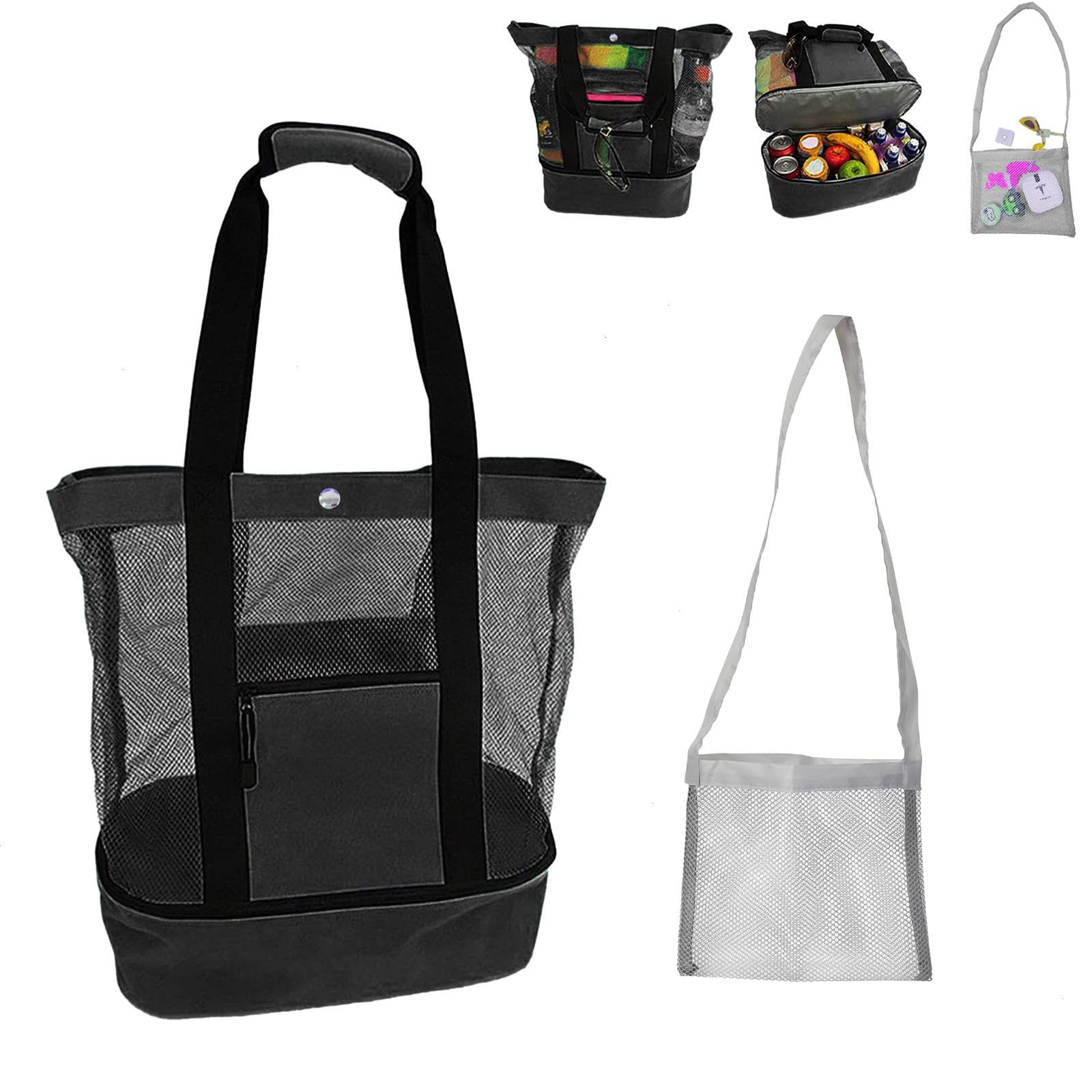 Multifunctional Mesh Beach Bag with Built-in Cooler - Large Outdoor Beach Tote with Small Pouch for Women - Perfect for Pool Parties, Picnics, and Summer Travel