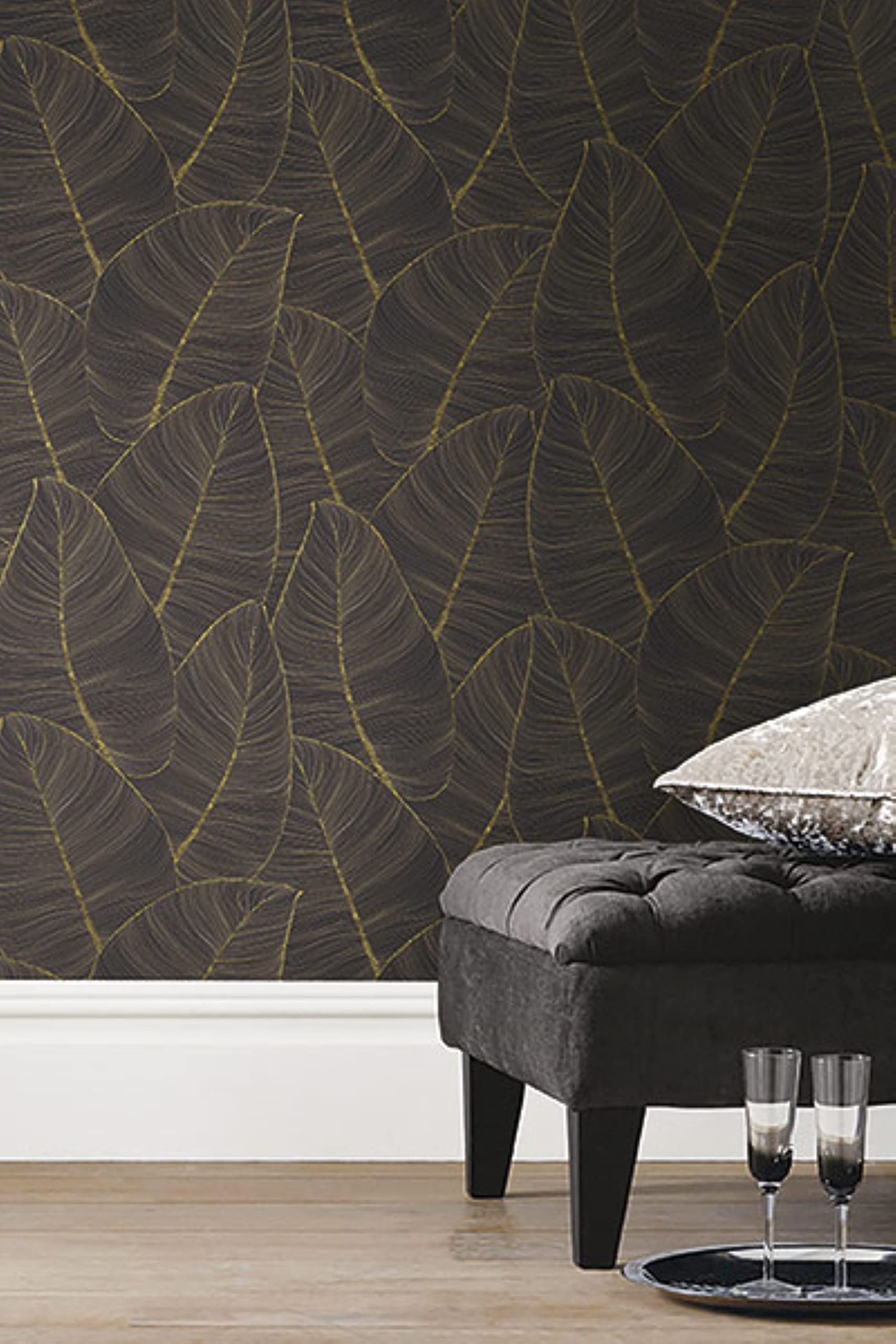 Premium Metallic Leaf Peel & Stick Wallpaper Roll - Black & Gold Design, Covers 56.05 sq ft - Easy DIY Home Decor for Living Room, Bedroom, or Accent Walls