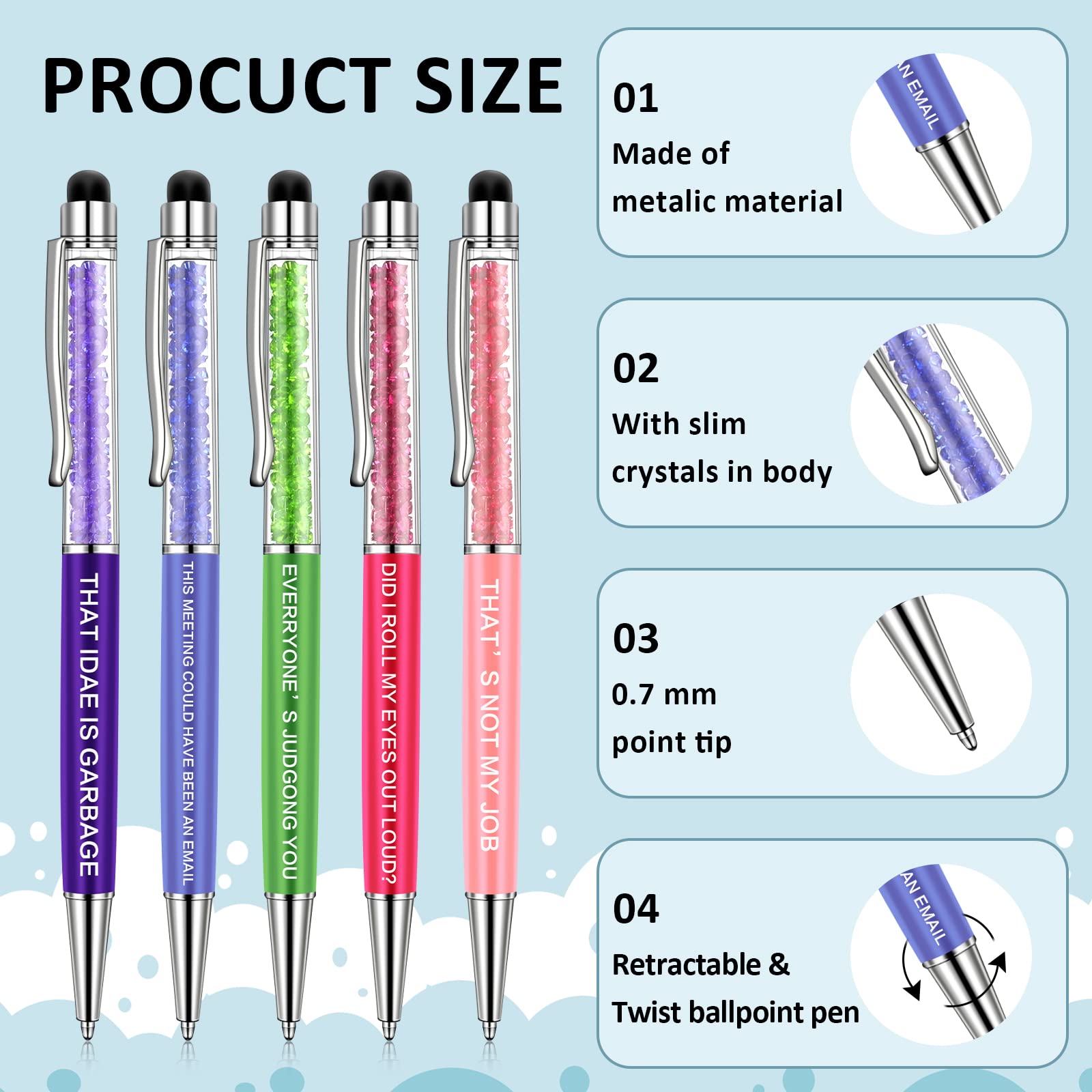 Laumoi Funny Ballpoint Pens with Negative Quotes - 10-Pack Black Ink Office Pens with Macaron Touch Stylus for Writing, Journaling & Gifts