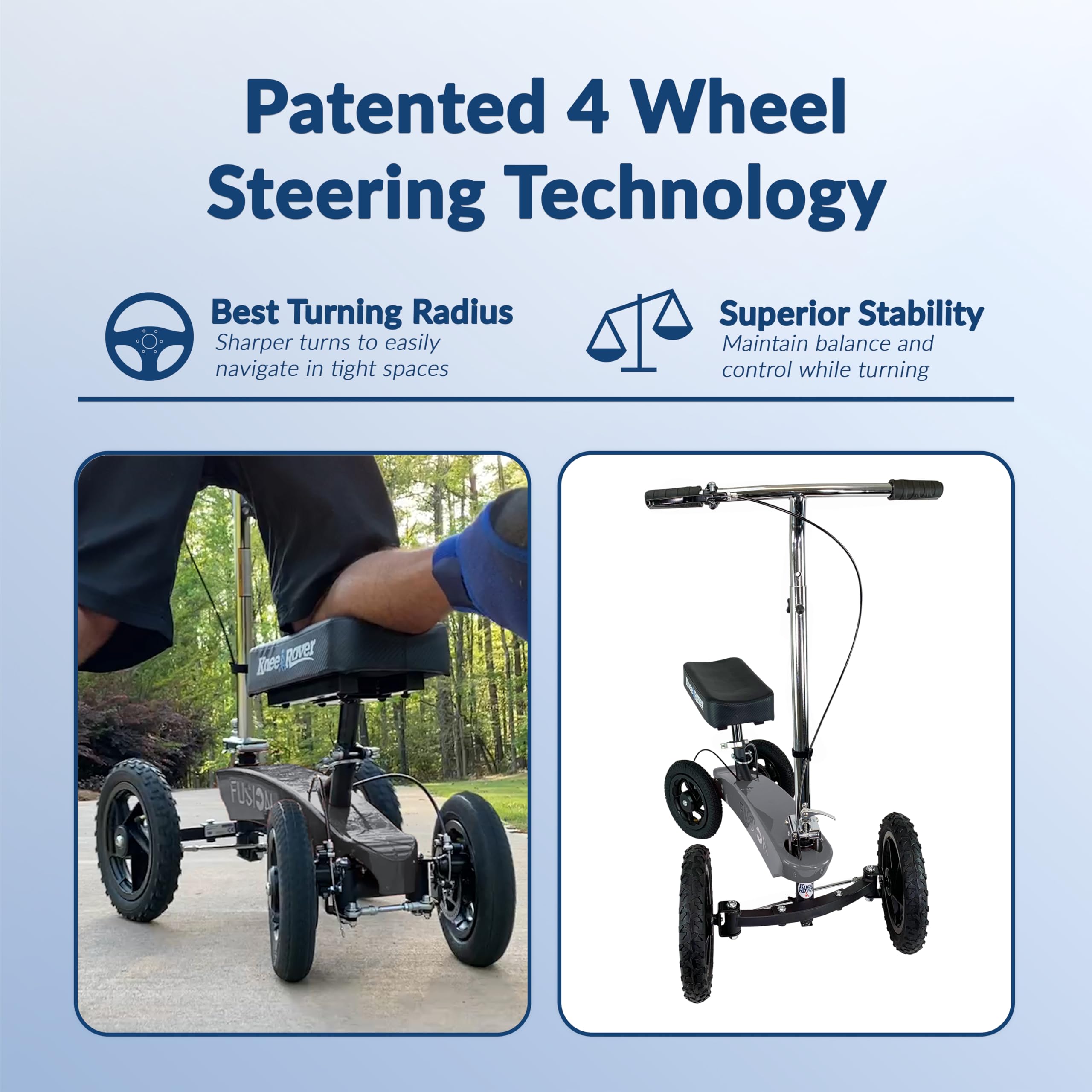 KneeRover All-Terrain Fusion Patented 4-Wheel Steering Knee Scooter for Adults - Heavy Duty Knee Walker for Foot Surgery, Broken Ankle & Foot Injuries - Mobility Aid for Post-Surgery Recovery & Daily Use