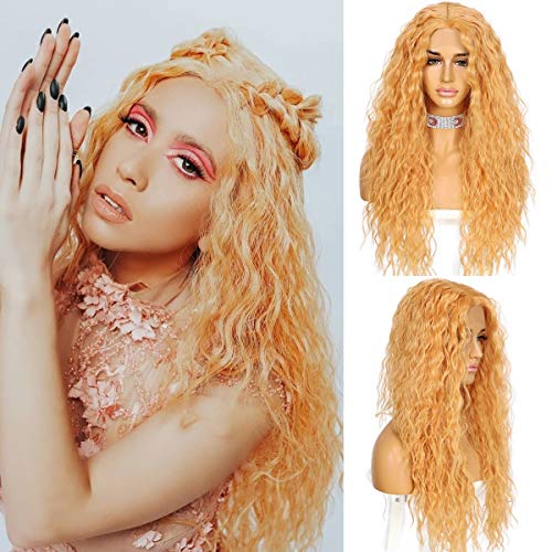 SAPPHIREWIGS Orange Long Deep Wave Curly Synthetic Lace Front Wig - 150% Density, Deep T-Part, Natural Hairline for Women | Daily Wear & Party Wigs | Perfect for Cosplay, Halloween & Special Events