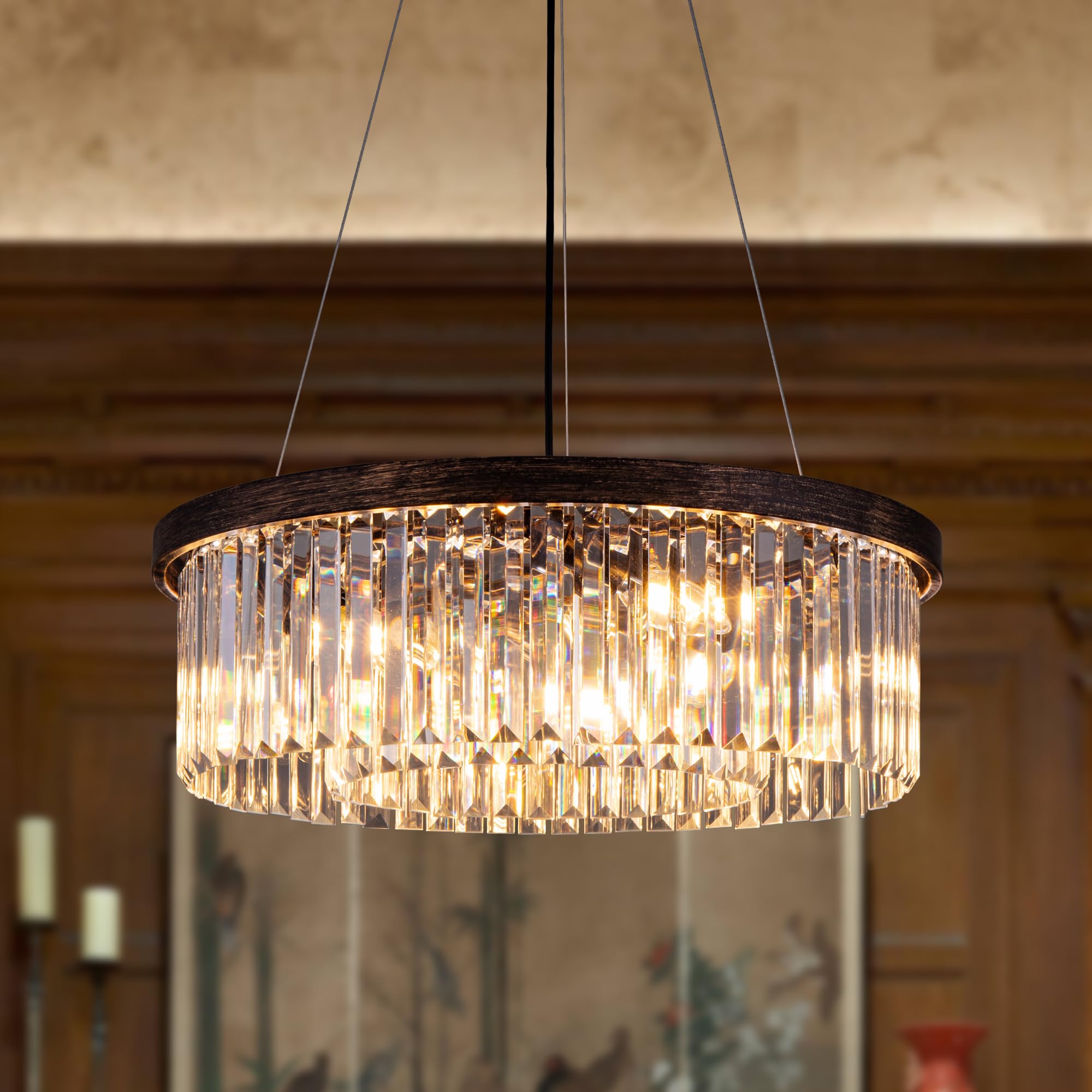 Antique Crystal Chandelier - 6-Light Vintage Drum Pendant Light Fixture for Dining Room, Foyer, Kitchen Island, Living Room, Bedroom & Hallway - 21.65