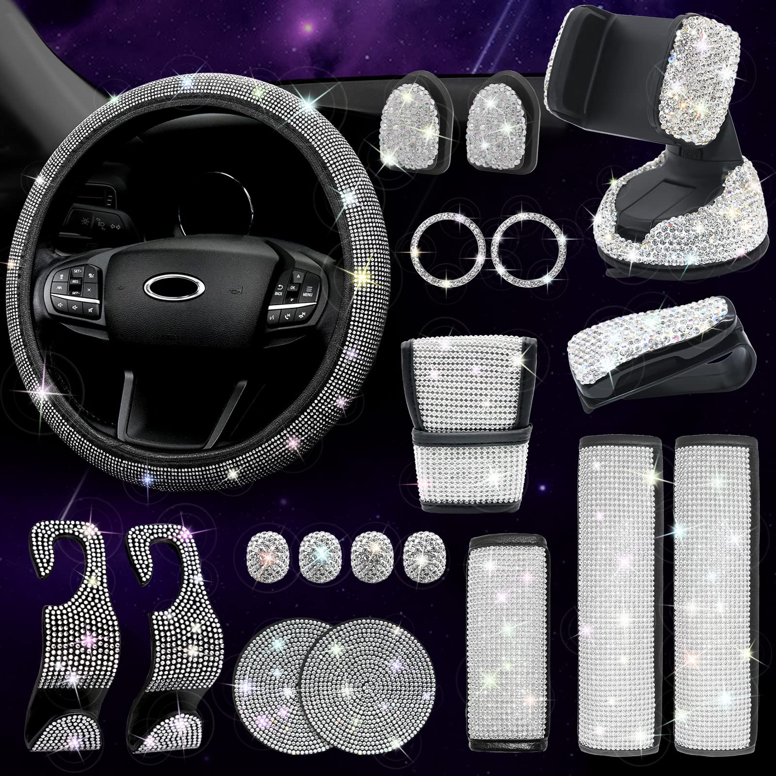 ARTILAURA 19-Piece Bling Car Accessories Kit for Women - Rhinestone Steering Wheel Cover, Seat Belt Pads, Gear Shift Cover, Phone Holder & Cup Coasters - Glamorous Auto Interior Decor (White) | Perfect for Daily Commute, Road Trips & Gift Giving