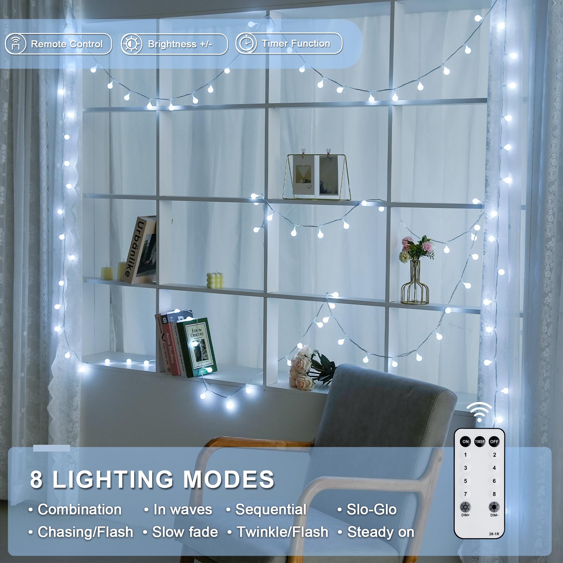JMEXSUSS 100 LED Connectable Globe String Lights - 33 ft White Plug-in Fairy Lights with Remote & 8 Modes - Indoor/Outdoor Christmas Decor for Bedroom, Wedding, Party, Garden, Patio, and Holiday Lighting