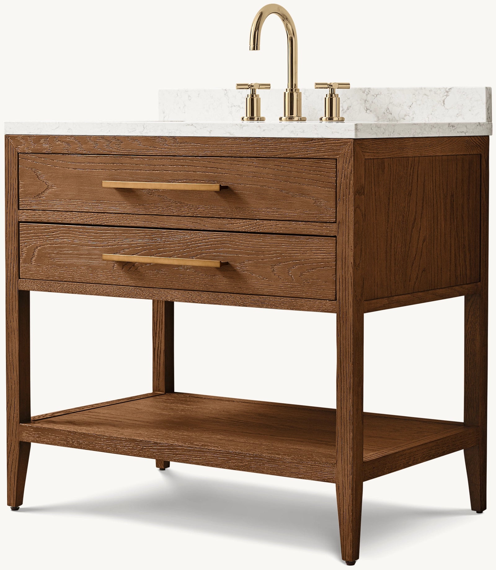 French Contemporary Single Washstand in Coffee Oak, Satin Aged Brass & Viatera Minuet - Perfect for Modern Bathroom Vanity & Luxury Home Decor
