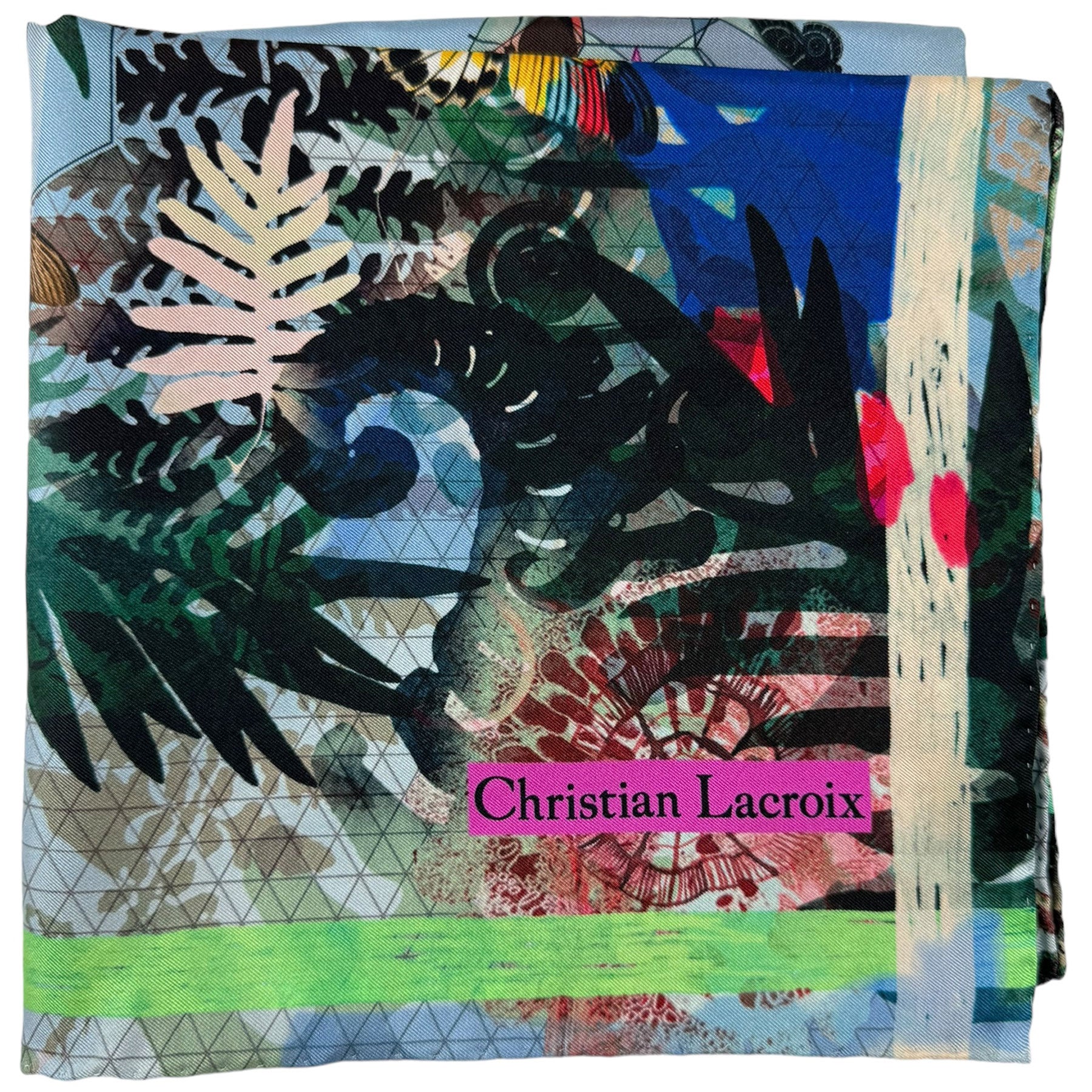 Christian Lacroix Green Brown Navy Butterfly Print Square Silk Scarf - Elegant Fashion Accessory for Women, Perfect for Office, Party & Special Occasions