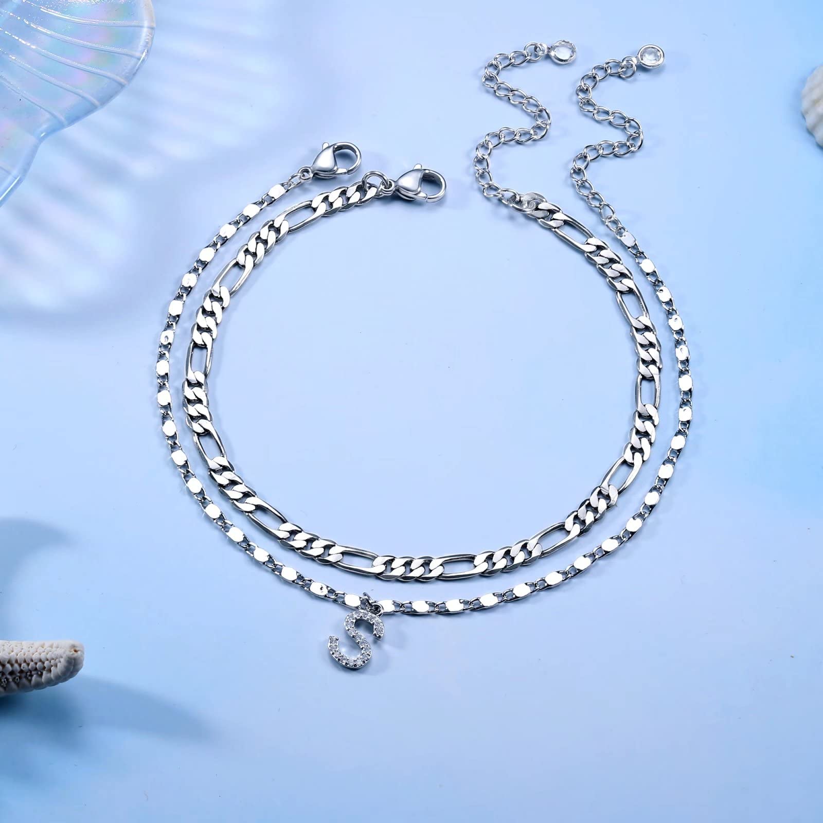 Ursteel 14K Gold Plated Dainty Layered Chain CZ Initial Ankle Bracelets for Women - Elegant Summer Jewelry Gift Set for Her | Perfect for Beach Vacations, Date Nights & Everyday Wear