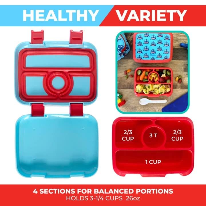 Insulated Bento Lunch Box Set for Kids - 4 Compartment Thermal Bento Box, Leak-Proof Lunch Bag & Stainless Steel Food Container - Perfect for School, Picnics & Travel (Baby Blue Shark Design)