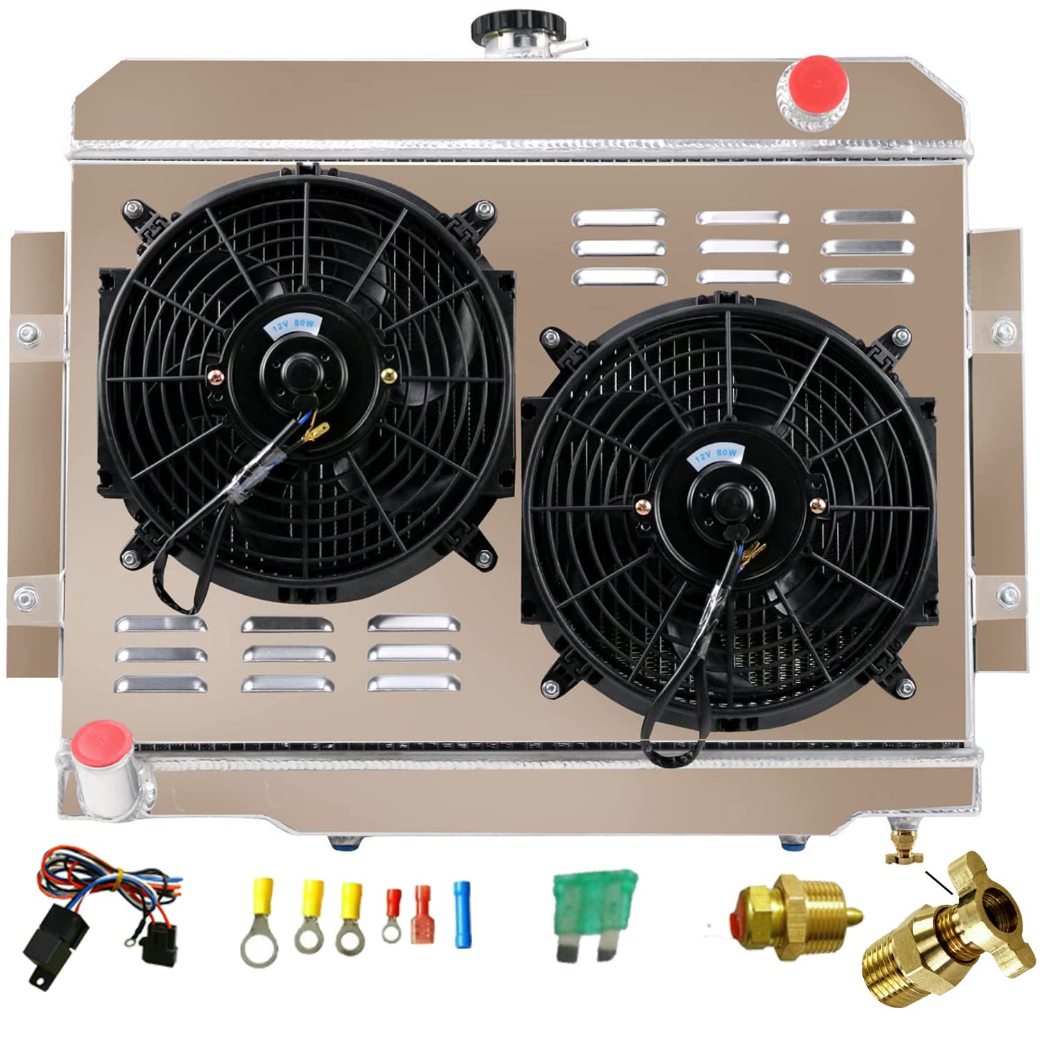4 Row Aluminum Radiator Shroud with Fan Relay Kit for 1976-1986 Jeep CJ5 CJ6 CJ7 Scrambler 3.8L 4.2L 5.0L AT/MT - Perfect for Off-Roading, Overheating Prevention & Engine Cooling Upgrade