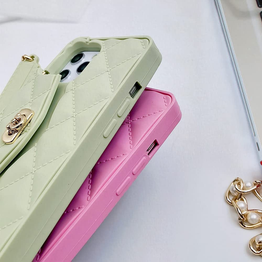 Luxury iPhone 13 Pro Max Wallet Case with Card Holder & Pearl Chain Strap - Soft Silicone Phone Cover with Wristlet & Crossbody Lanyard for Women (Pink) - Perfect for Everyday Use, Shopping & Travel Accessories