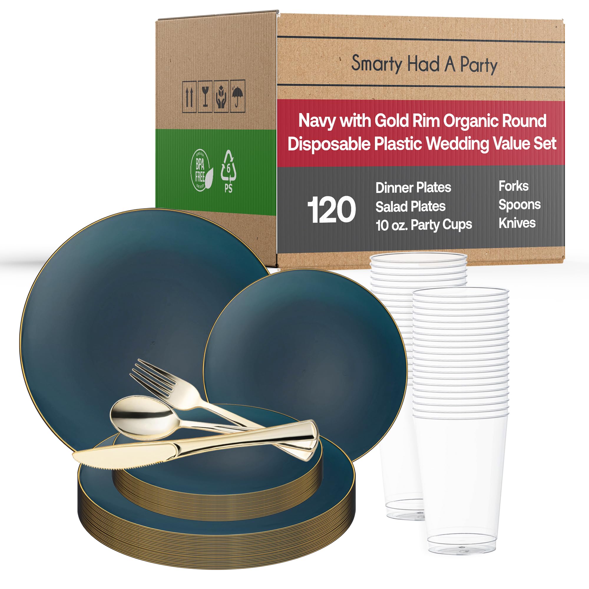 Eco-Friendly Disposable Plastic Plates with Elegant Rim Design - Bulk Round Dinnerware for Wedding, Birthday Party & Special Events (Navy Blue with Gold Trim, 120-Piece Wedding Set) - Perfect for Outdoor Gatherings, Catering & Hassle-Free Cleanup
