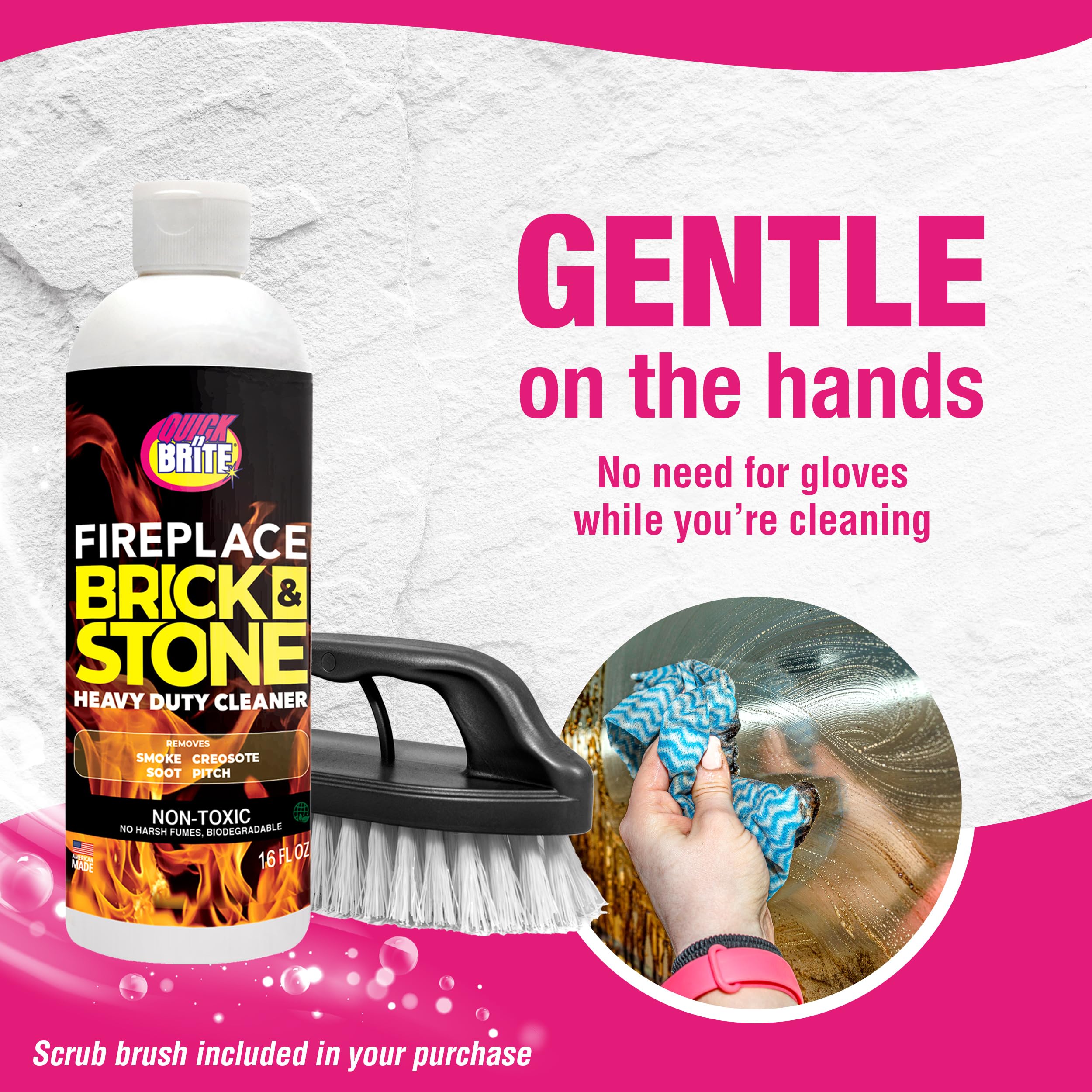 Quick N Brite Fireplace Gel Cleaner with Scrub Brush - Nonabrasive Deep Clean for Brick, Stone, Tile & Marble Fireplaces - Made in USA (16 oz) - Perfect for Indoor/Outdoor Fireplace & Hearth Maintenance