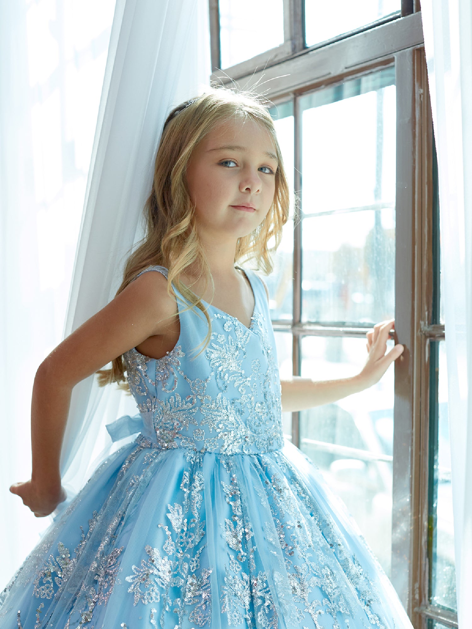Big Girls Dusty Blue Glitter Mesh Overlay V-Neck Pageant Dress Sizes 8-12 | Sparkly Pageant Gown for Girls, Special Occasions & Dance Competitions